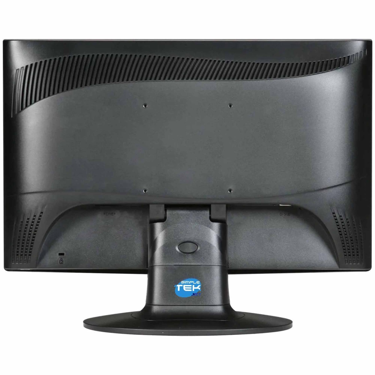 Vista posteriore di un monitor per computer nero con supporto e logo blu su sfondo bianco.