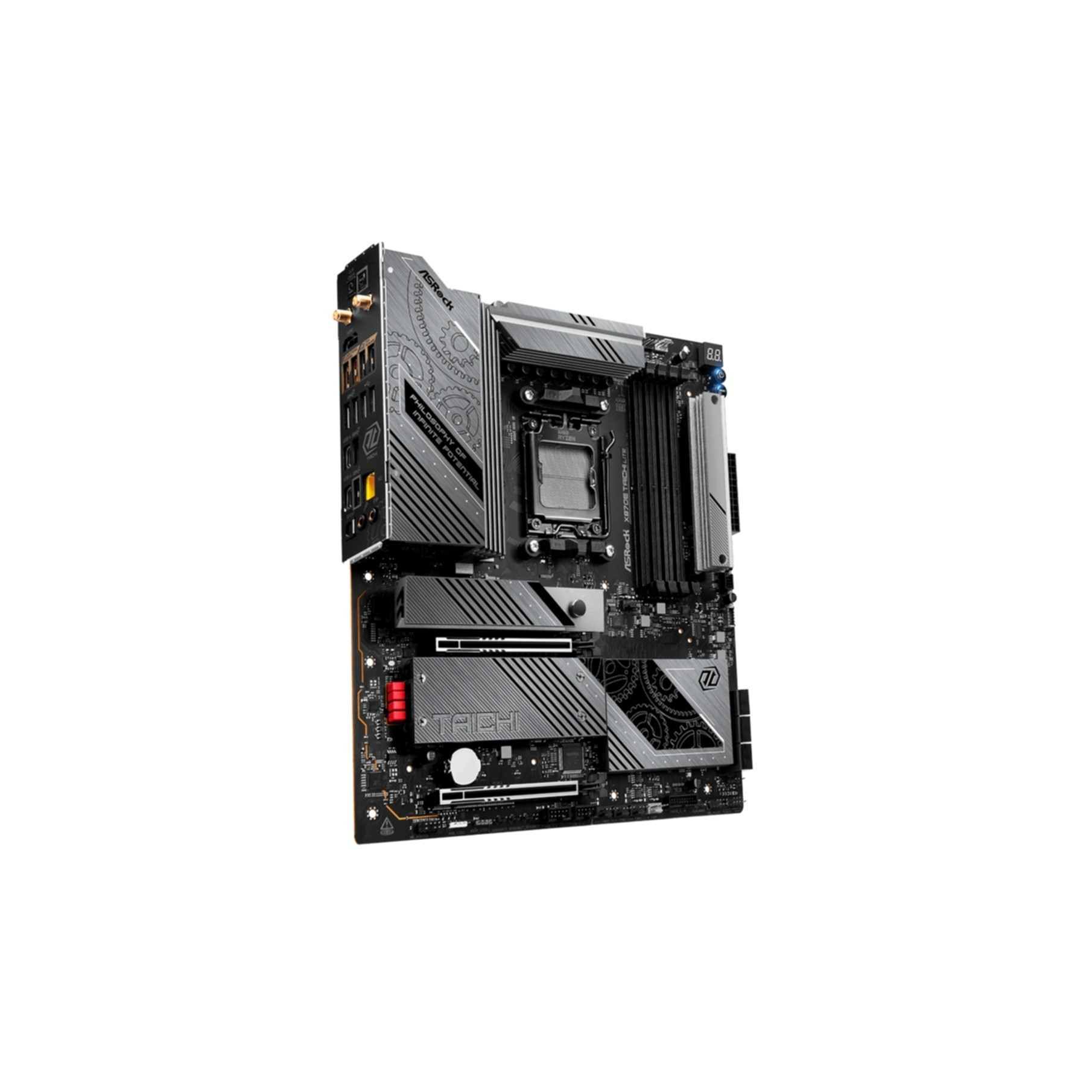 Szczegółowy widok czarnej płyty głównej ASRock X870E z szarymi radiatorami na białym tle.