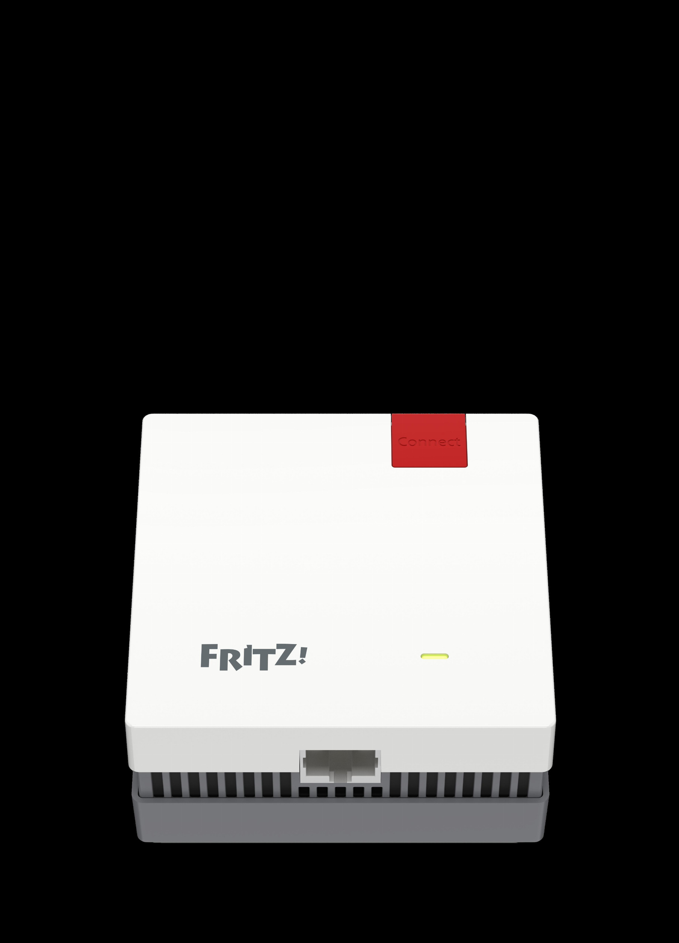 Un dispositivo repetidor FRITZ! blanco con un botón Connect rojo y un puerto RJ45 sobre fondo negro.