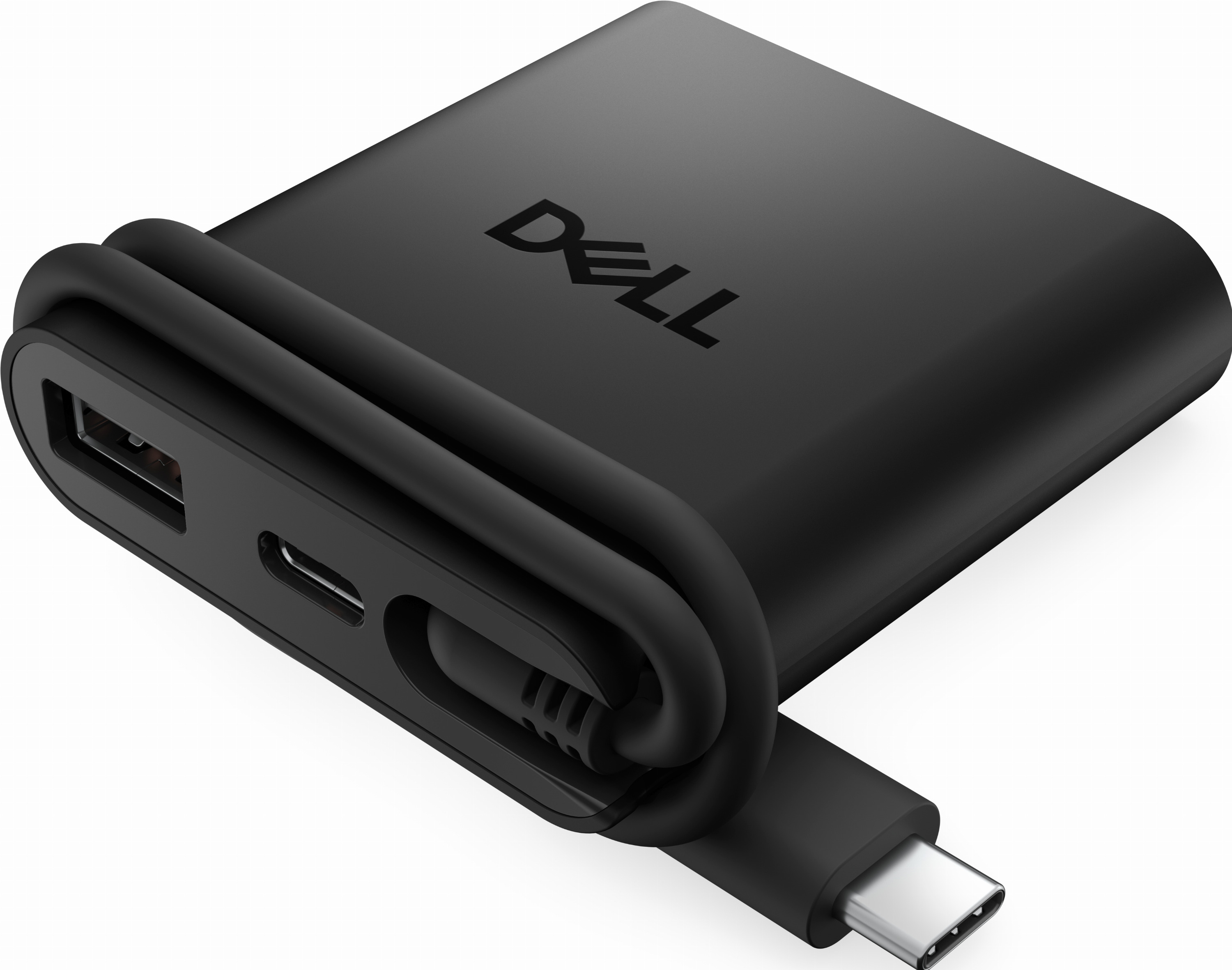 Adaptateur secteur Dell noir avec port USB et câble enroulé sur fond blanc.