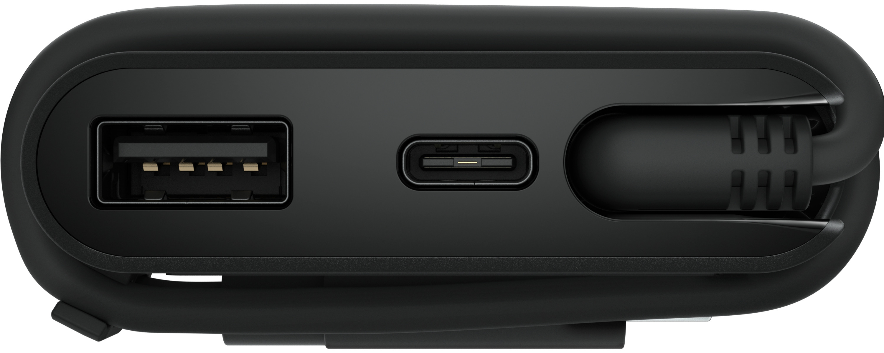 Un appareil noir avec un port USB-A, un port USB-C et une fente de rangement de câble intégrée.