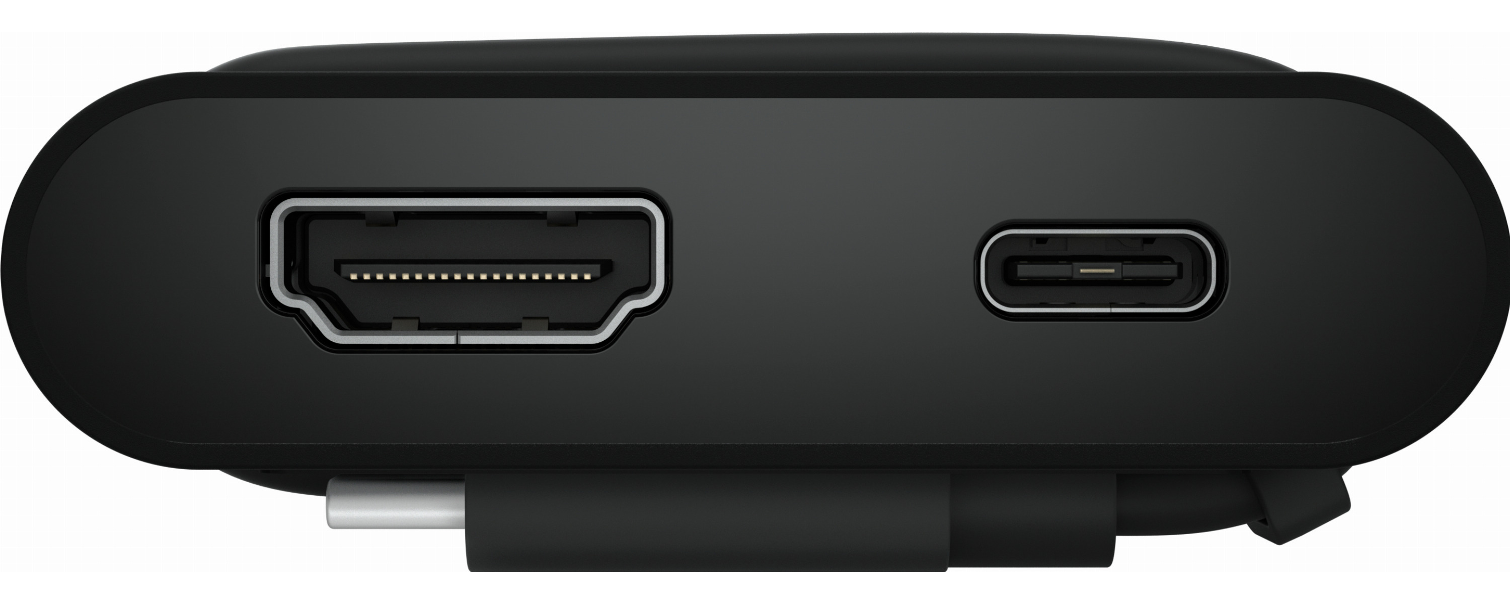 Gros plan d'un appareil noir avec un port HDMI à gauche et un port USB-C à droite.