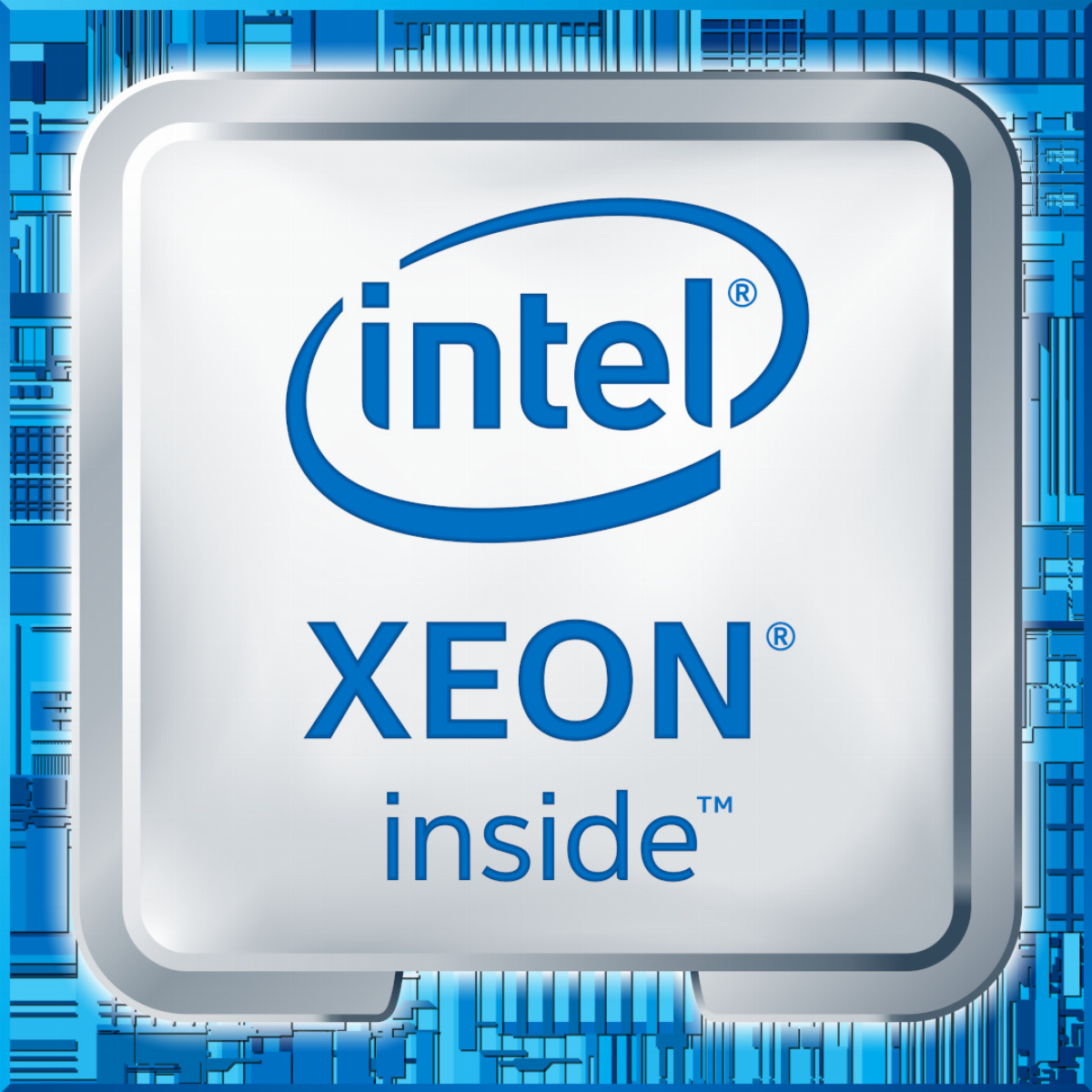 CPU Intel Xeon Inside con involucro in metallo argento e logo Intel blu su sfondo di microchip blu.
