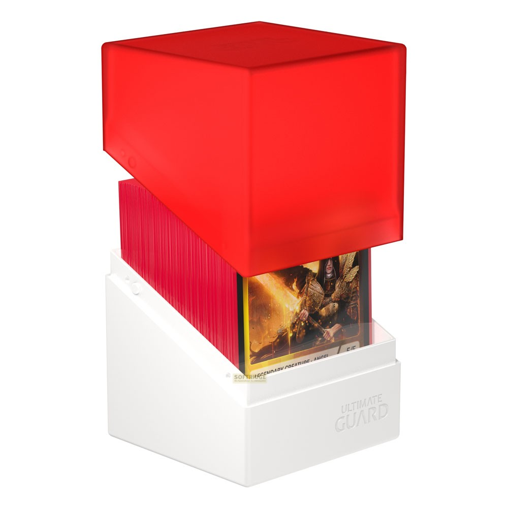 Une boîte de deck Ultimate Guard blanche et rouge contenant des cartes.