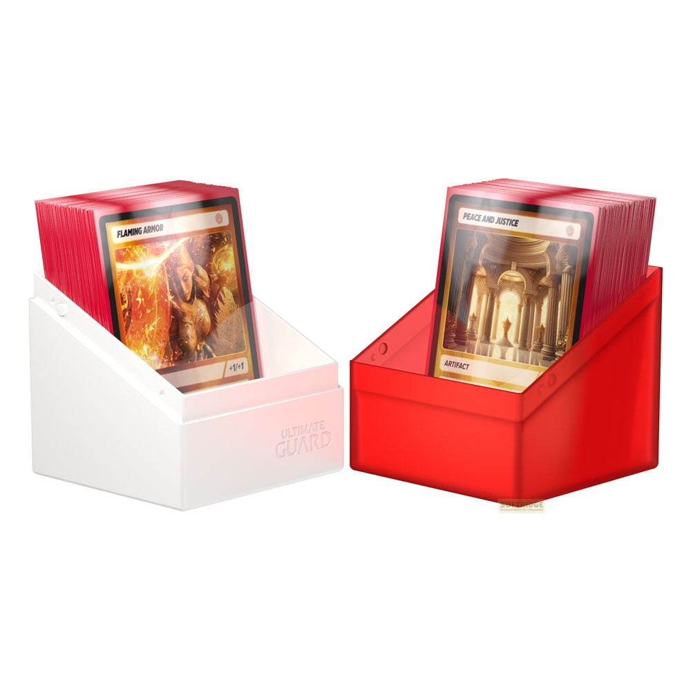 Deux boîtes de cartes en blanc et rouge contiennent des cartes à collectionner empilées.