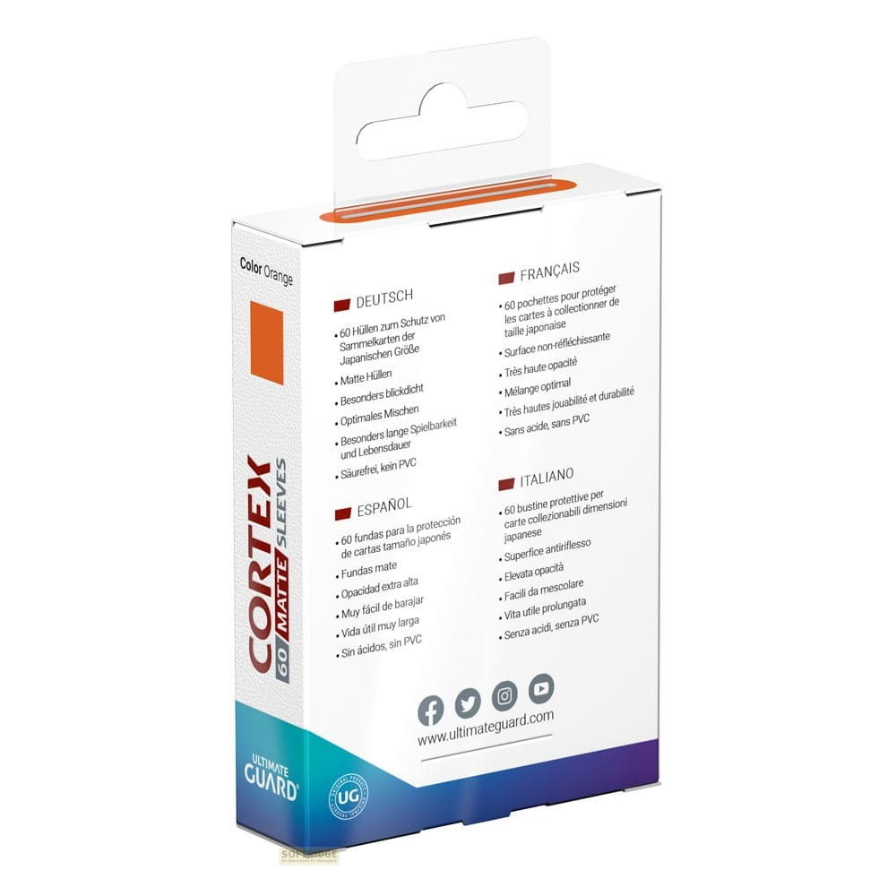 Dos d'une boîte orange Ultimate Guard Cortex Matte Sleeves avec du texte en plusieurs langues.