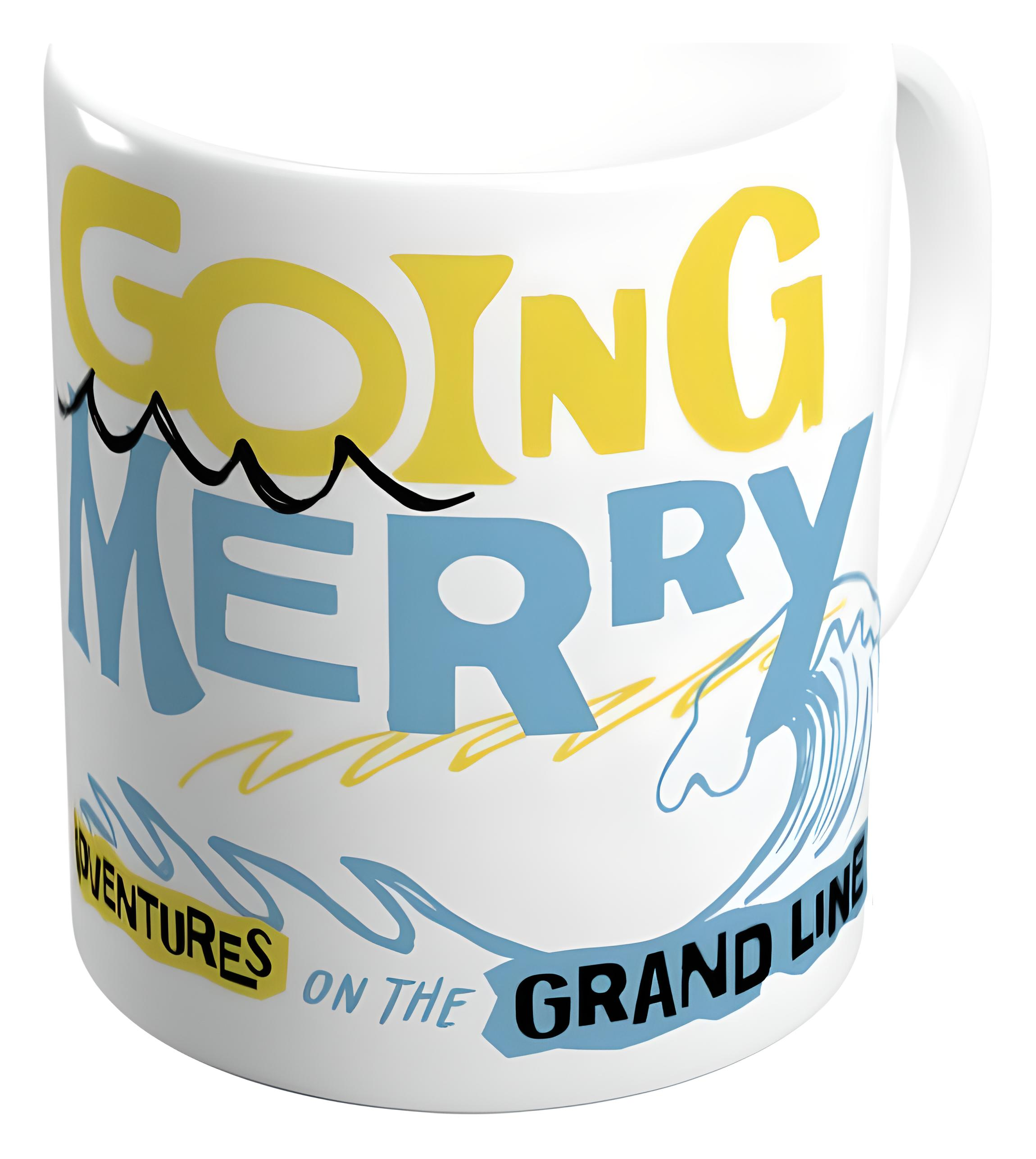 Una taza blanca con texto amarillo y azul que dice Going Merry Adventures on the Grand Line.