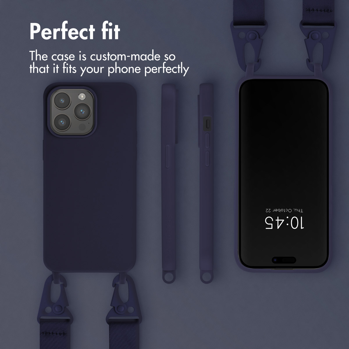 Custodia per telefono blu scuro con cinturino, vista anteriore e posteriore, testo Perfect fit.