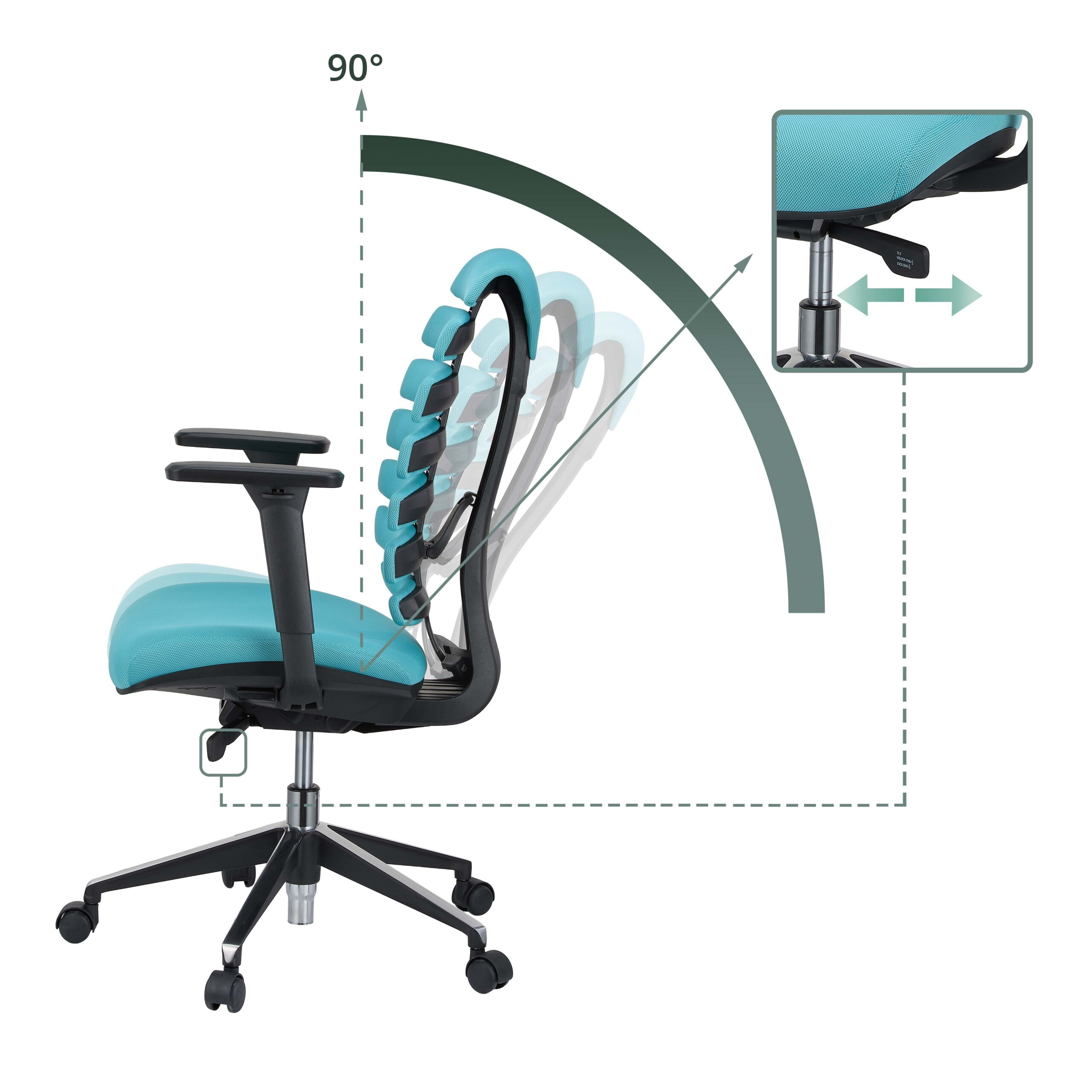 Türkisfarbener ergonomischer Bürostuhl mit verstellbarer Rückenlehne im 90-Grad-Winkel.