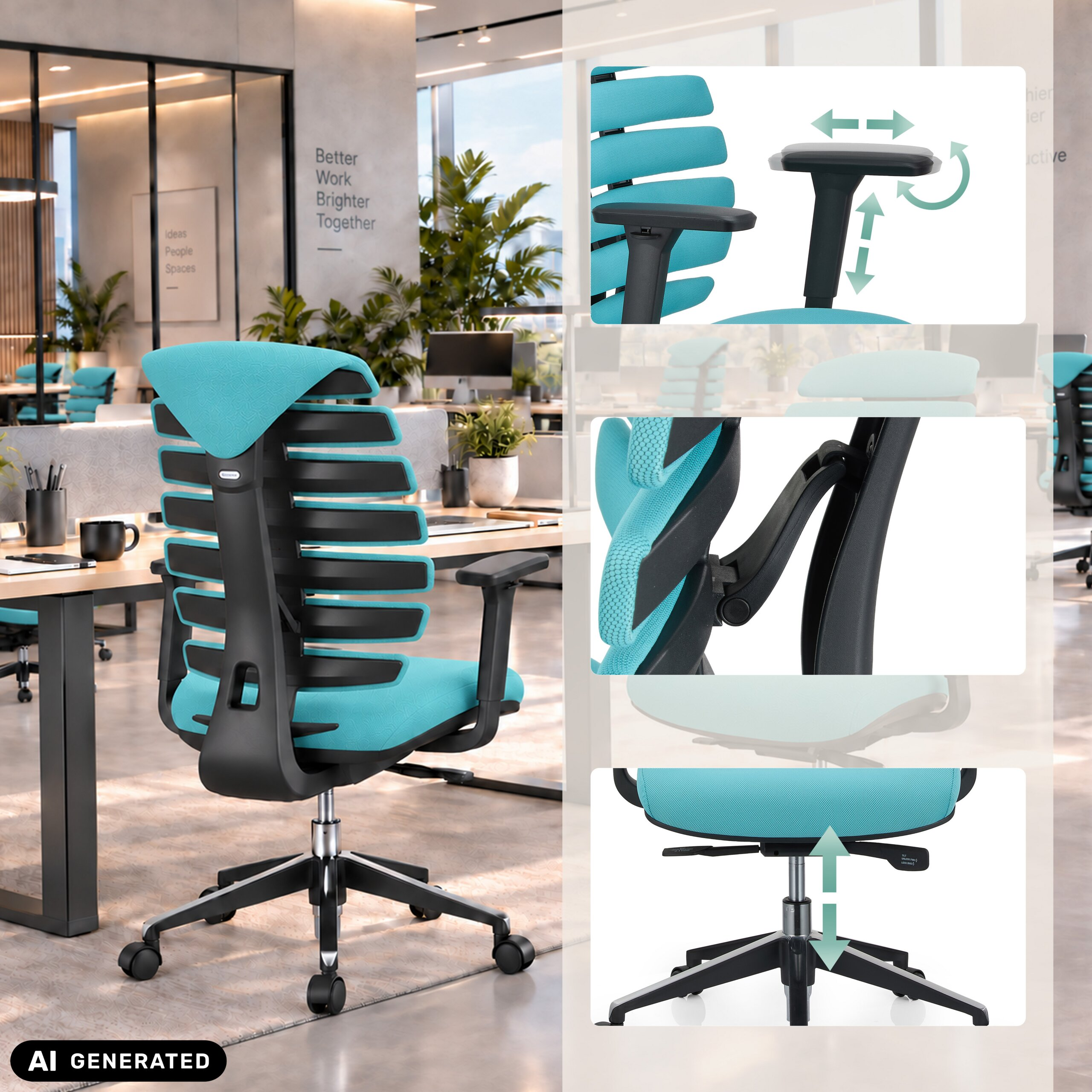 Türkisfarbener ergonomischer Stuhl im Büro mit Inset-Ansichten, die die Armlehnen-, Rückenlehnen- und Höhenverstellung zeigen.