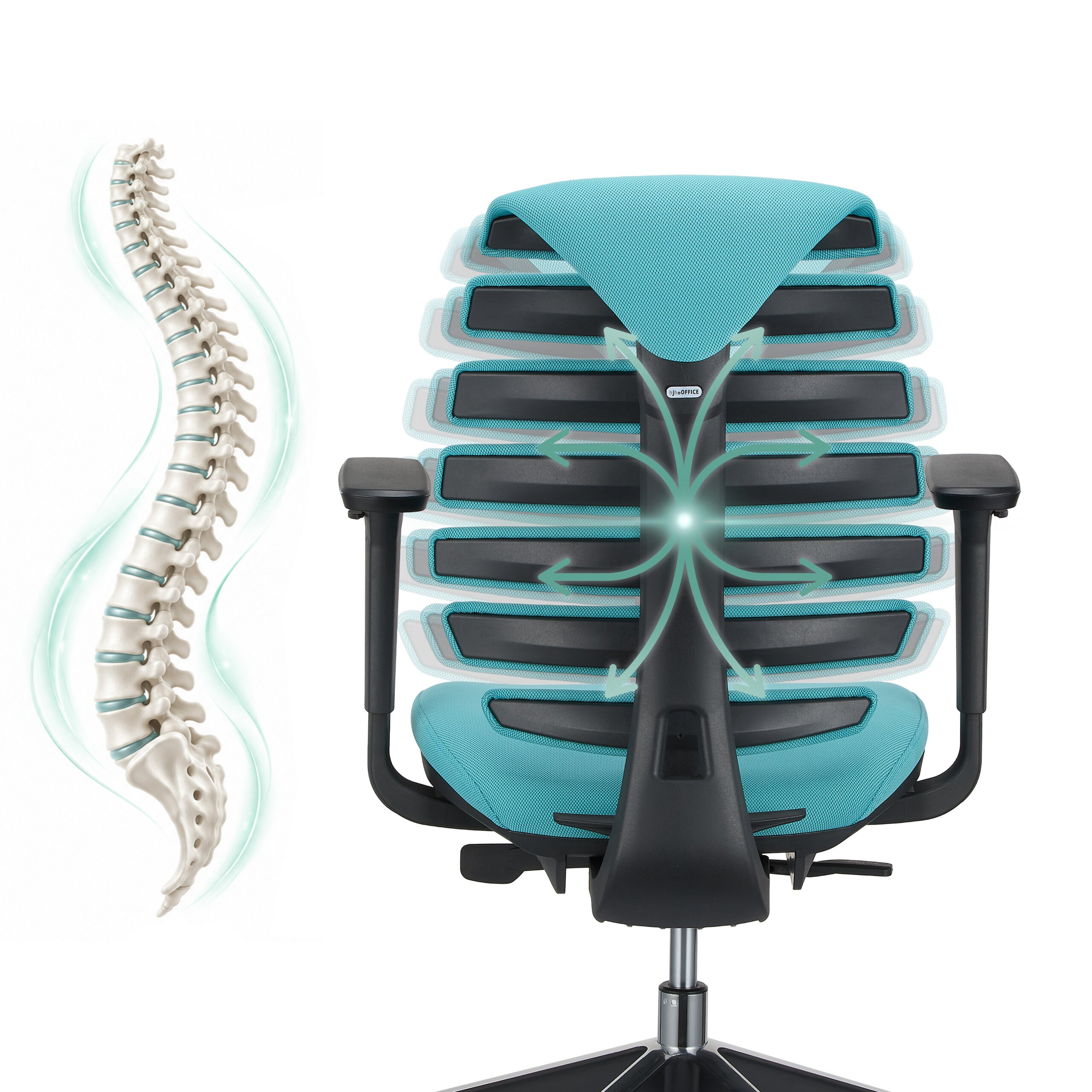 Ein türkisfarbener Ergonomiestuhl mit Rückenlehne, die einer menschlichen Wirbelsäule nachempfunden ist.
