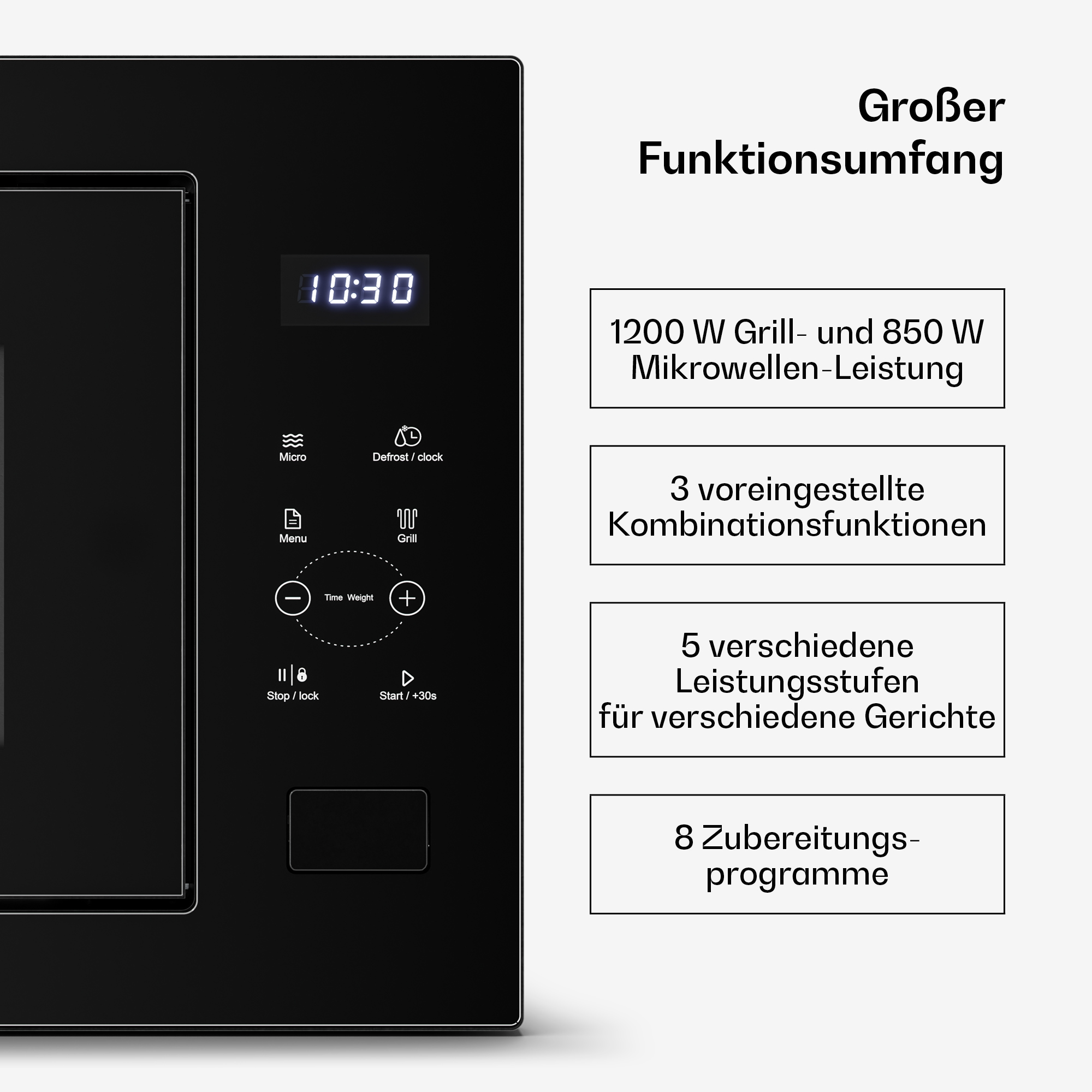 Schwarze Mikrowellenbedienfeld mit digitaler Anzeige und Leistungsdetails daneben.