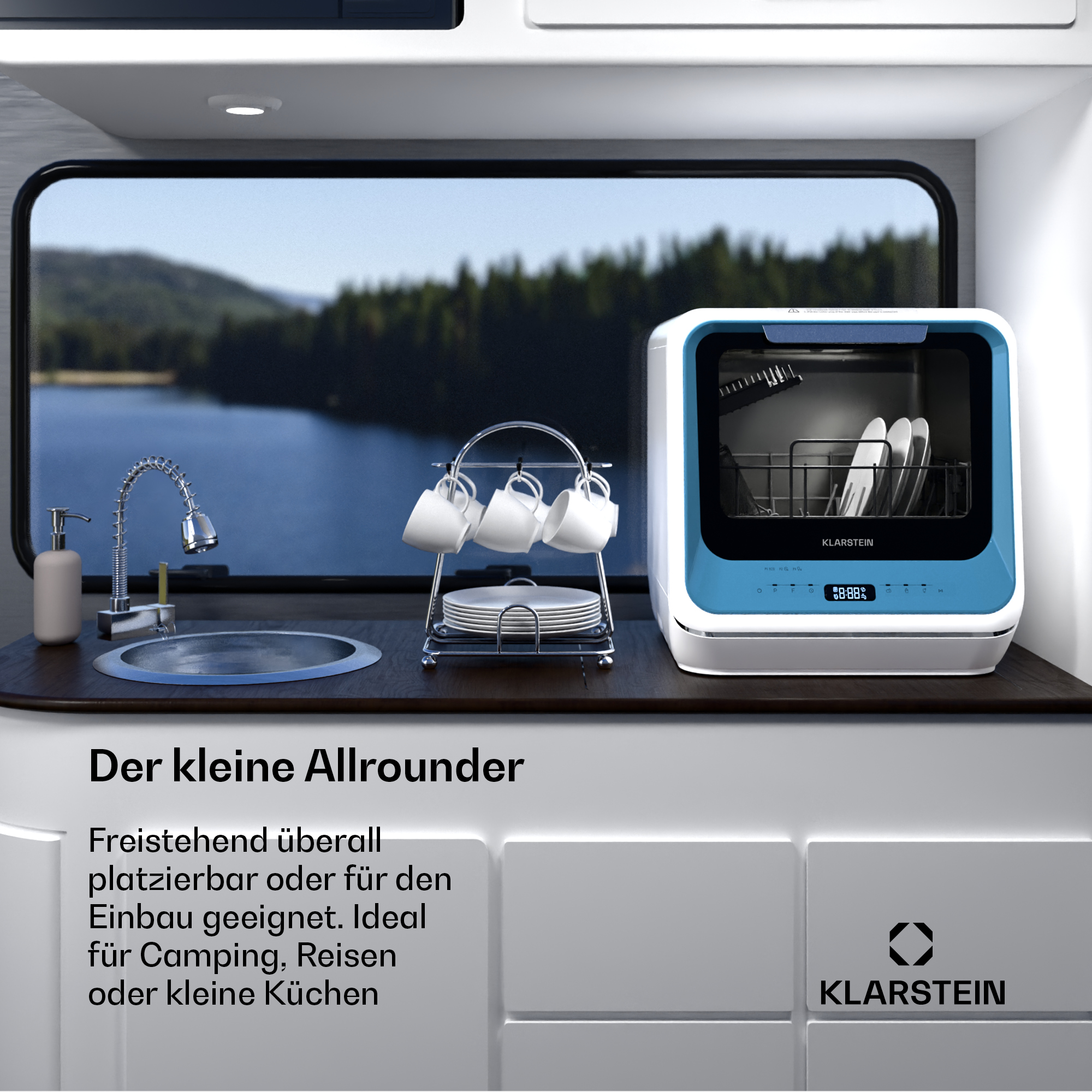 Lavastoviglie compatta bianco-blu Klarstein in una moderna cucina di camper.