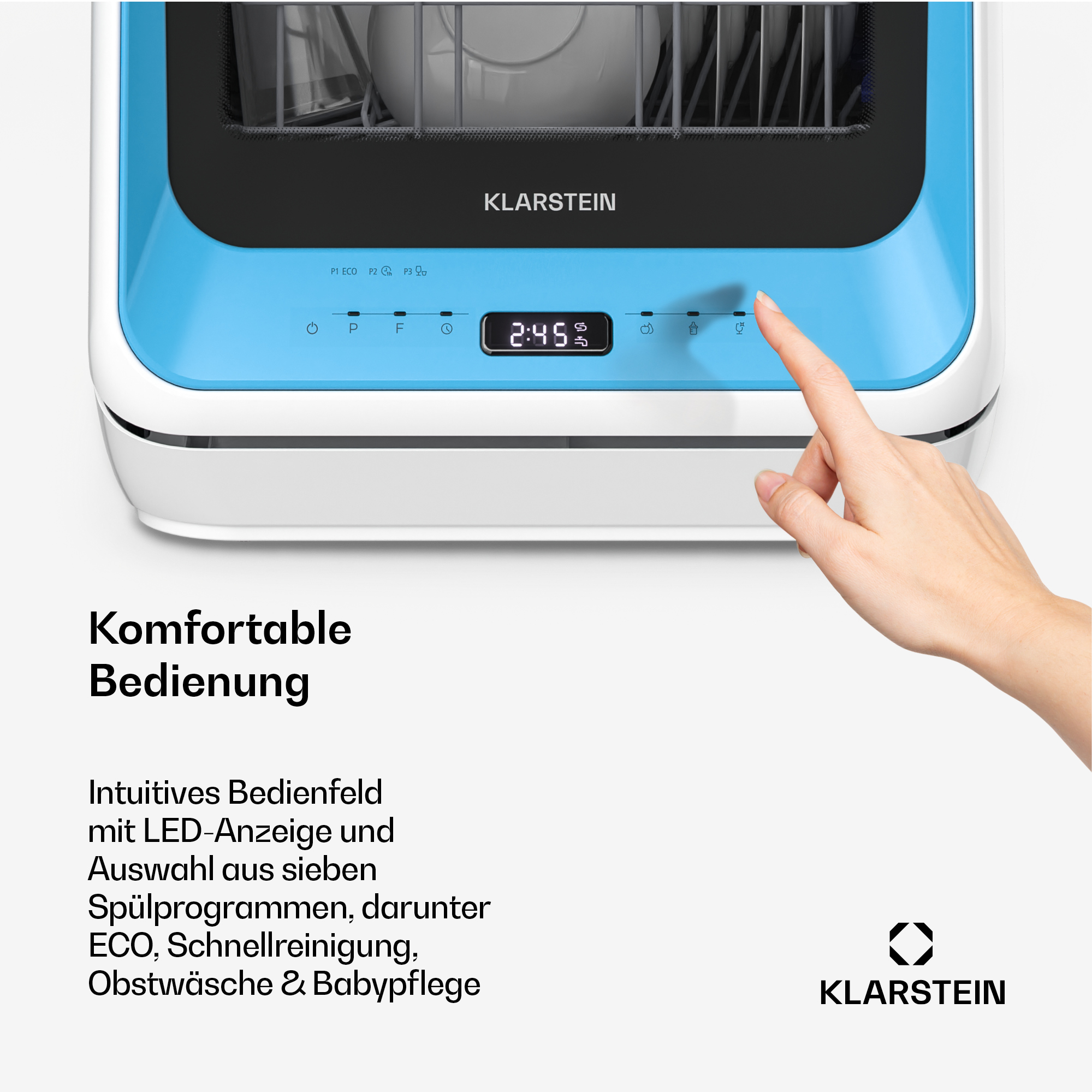 Mano che aziona il pannello di controllo touch blu di una lavastoviglie Klarstein con display a LED.
