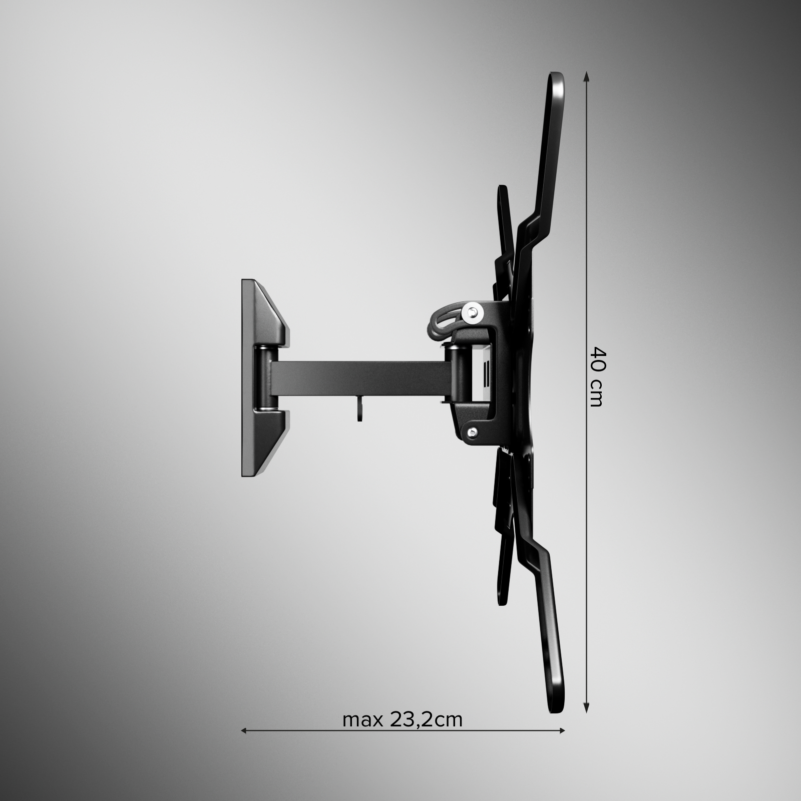 Vista lateral de un soporte de pared ajustable negro con flechas que indican 40 cm de altura y máx. 23,2 cm de extensión.