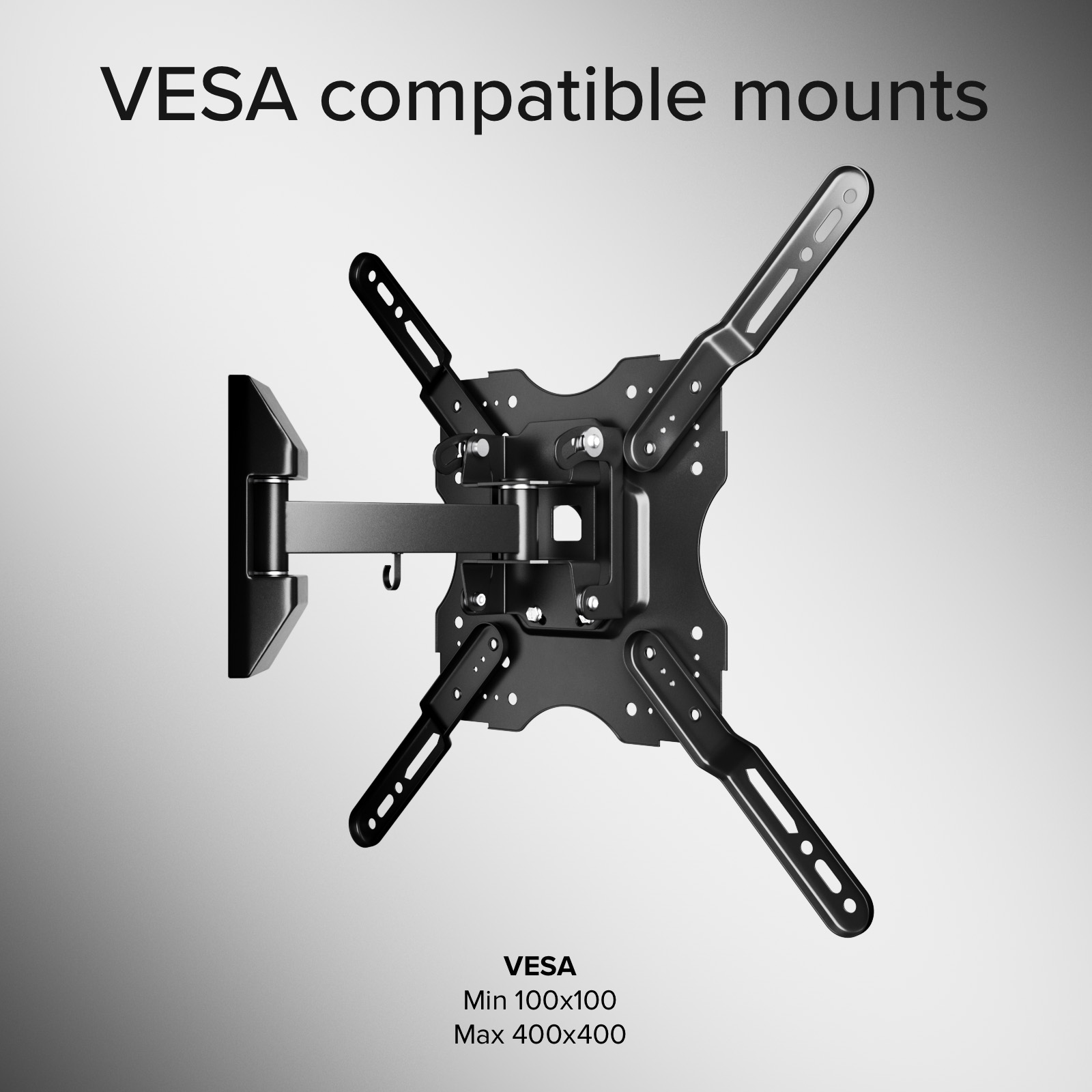 Soporte de pared negro y ajustable para TV VESA sobre fondo gris.