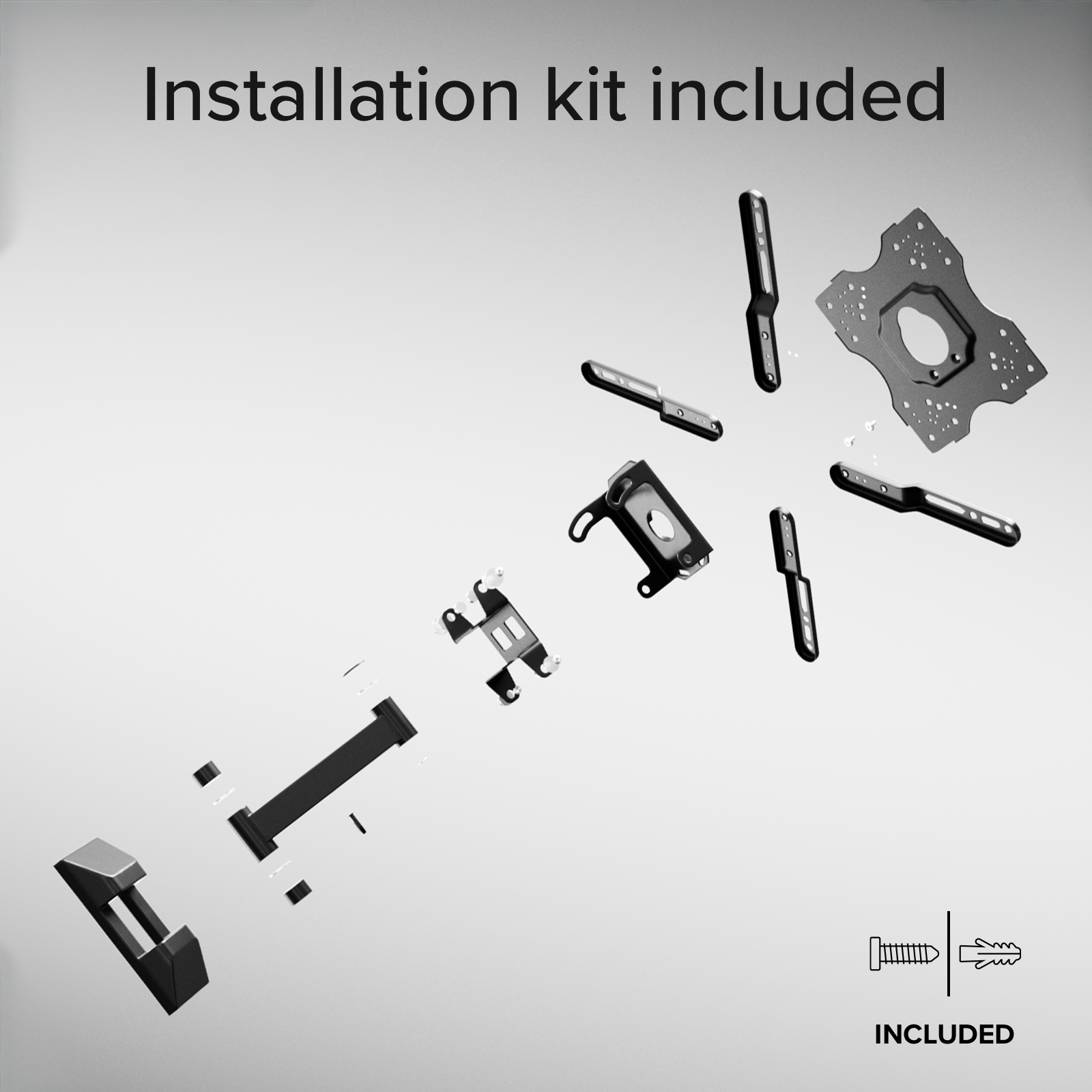 Vista explosionada de un kit de instalación con tornillos y soportes sobre fondo gris.