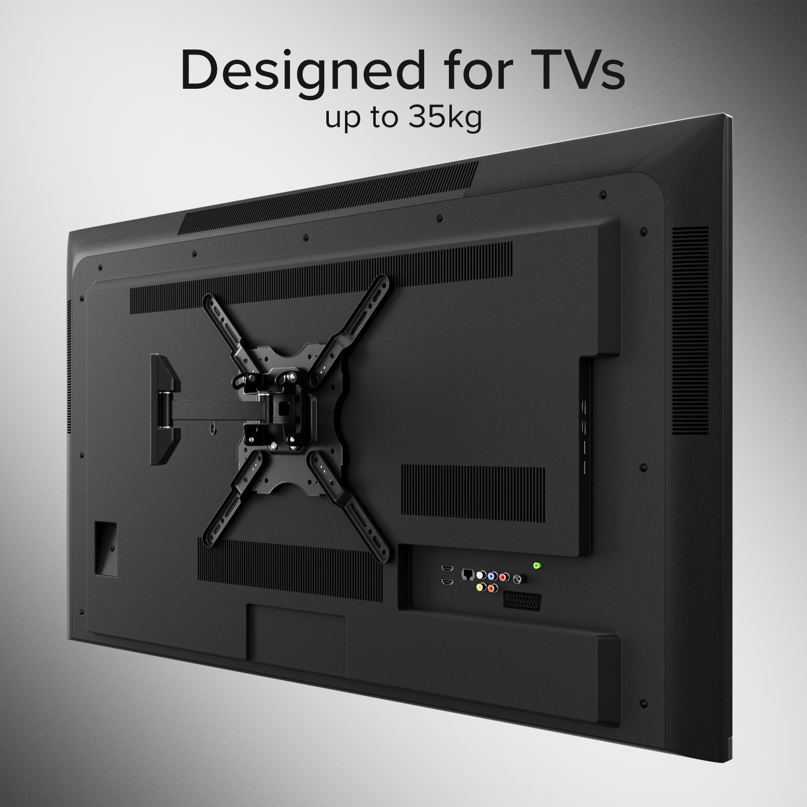 La parte trasera de un televisor negro montado con un soporte de pared en forma de X.