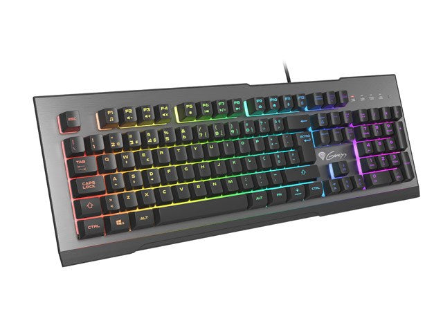 Un teclado mecánico negro con vibrante retroiluminación LED multicolor, aislado en fondo blanco.