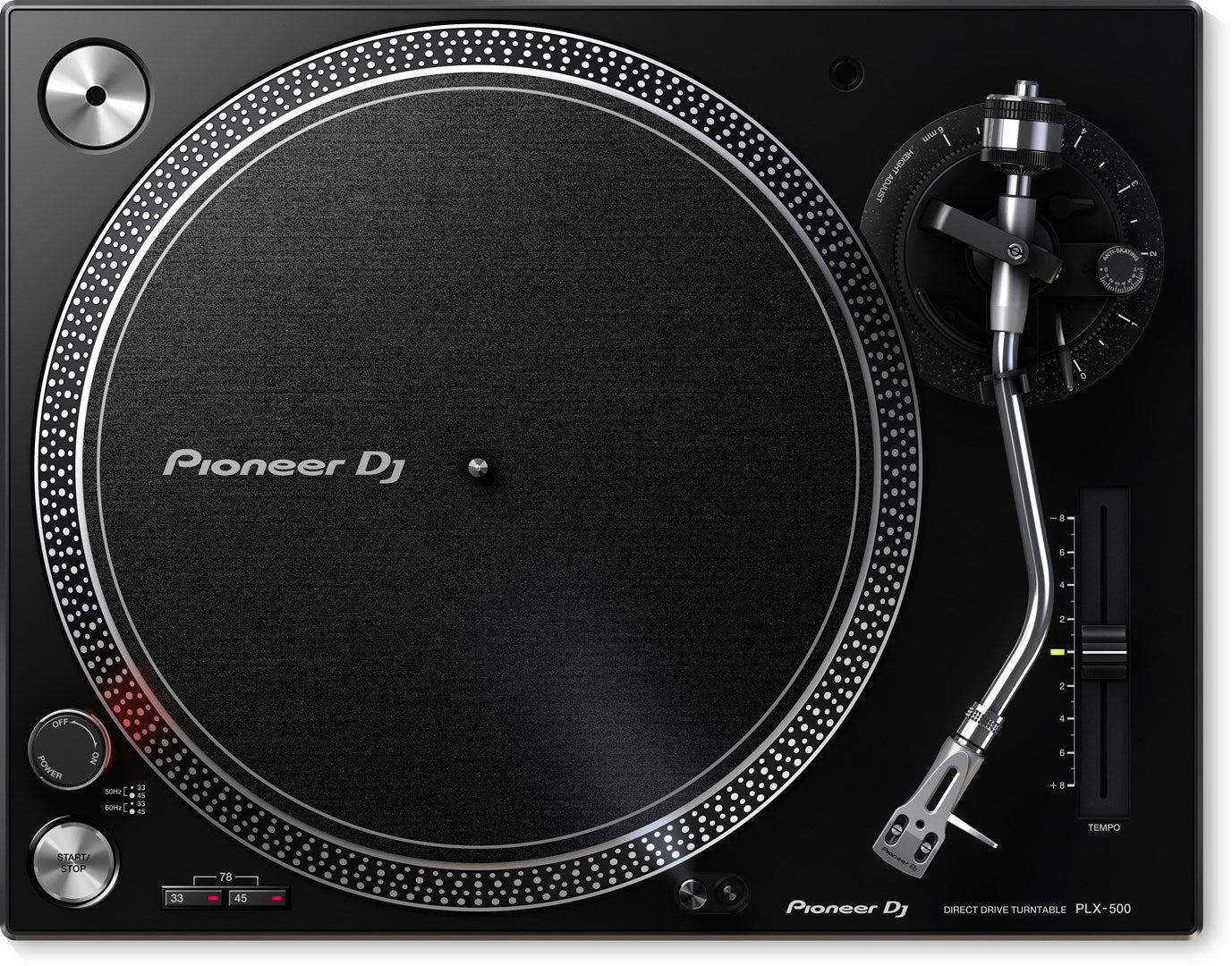 Ein schwarzer Pioneer DJ PLX-500 Direct-Drive-Plattenspieler mit silbernem Tonarm und Bedienelementen.