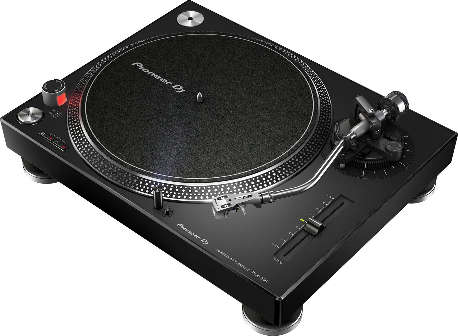 Ein schwarzer Pioneer DJ PLX-500 Plattenspieler mit silbernem Tonarm und Bedienelementen.
