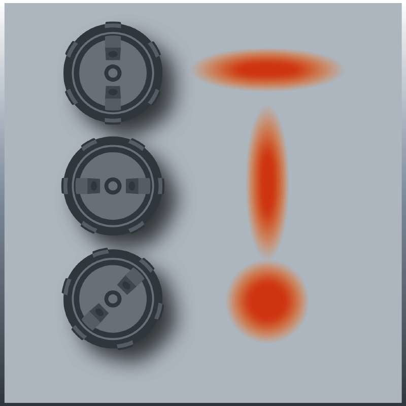 Tres interruptores grises redondos a la izquierda y tres formas rojas brillantes a la derecha sobre fondo gris.