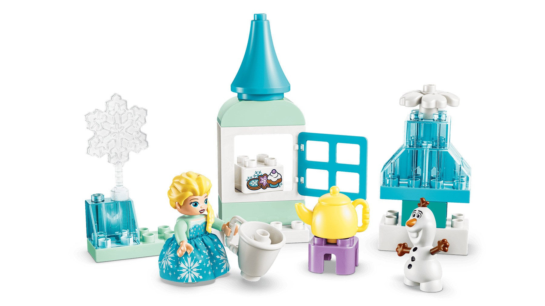 Set de Lego con Elsa sosteniendo una taza, Olaf junto a una fuente de hielo azul y un pequeño castillo.