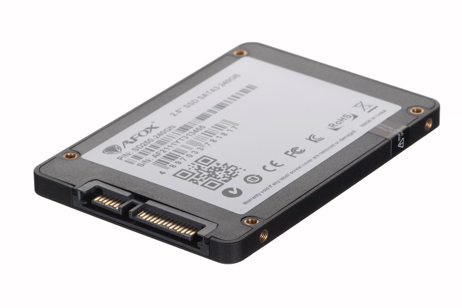 Czarny dysk SSD Afox 2,5 cala SATA3 z białą etykietą przedstawiającą kody kreskowe i szczegóły.