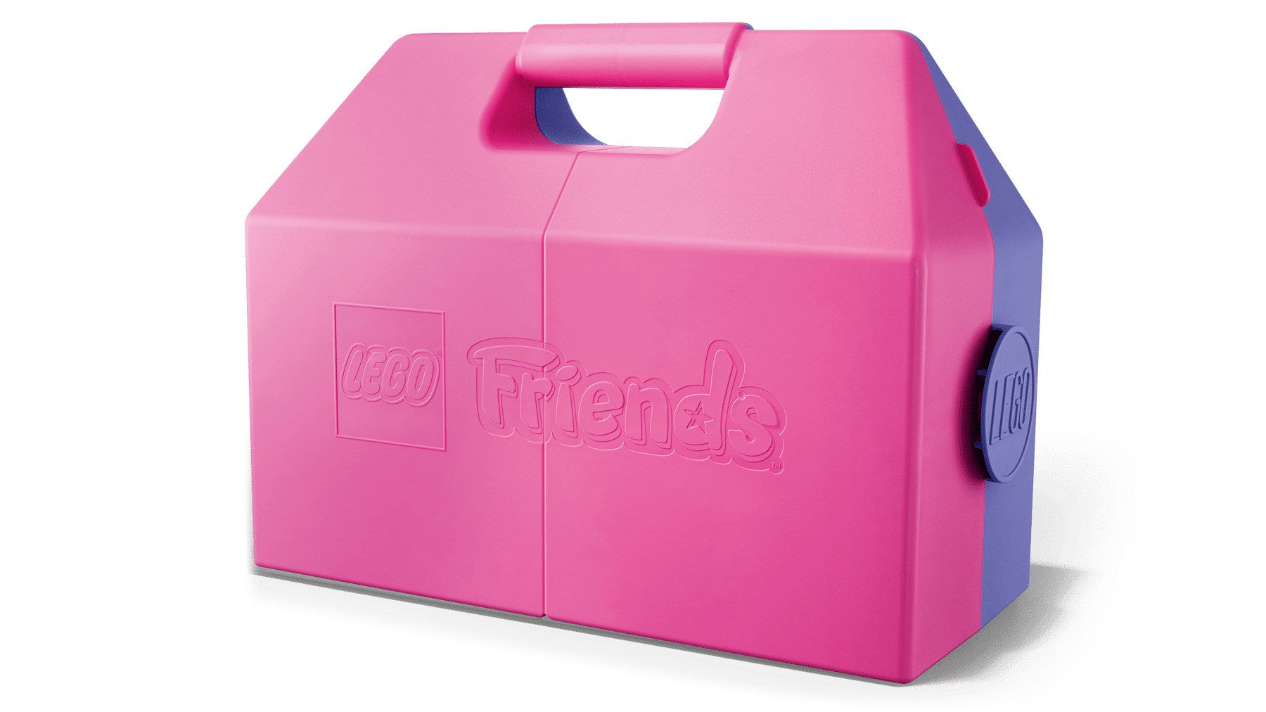 Una caja de almacenamiento Lego Friends rosa y morada con asa y logotipos en relieve.
