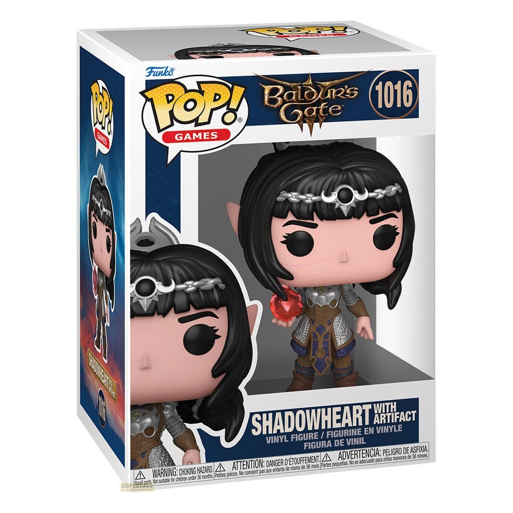 Figurine Funko Pop de Shadowheart de Baldur's Gate 3 avec un artefact rouge dans sa boîte.