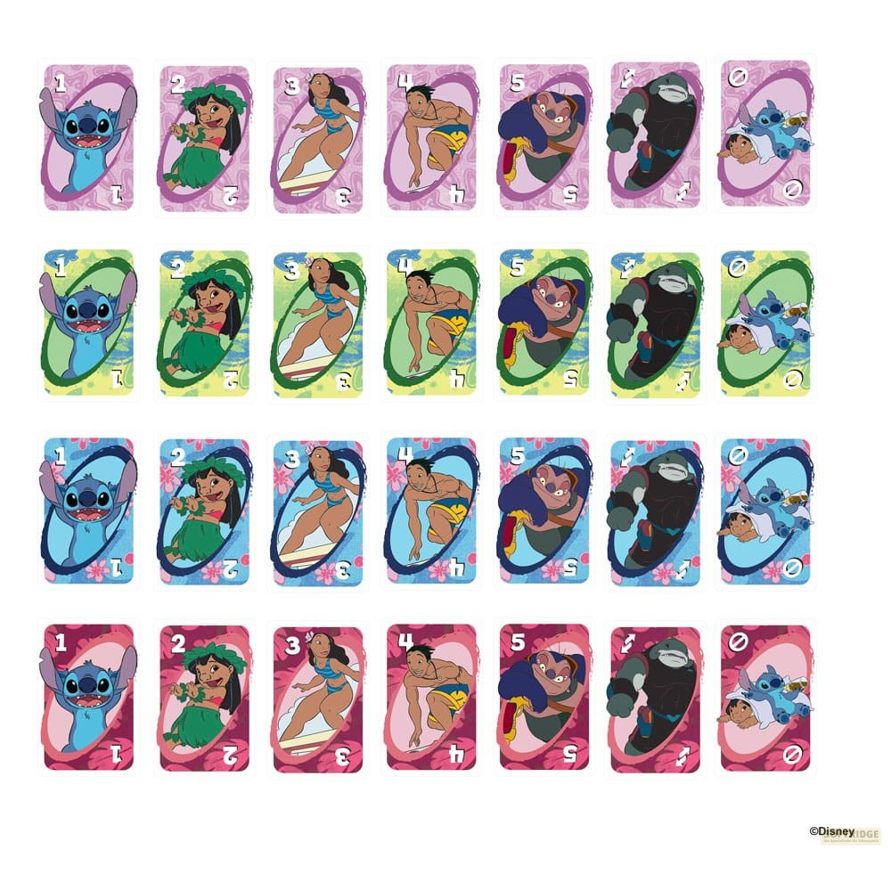 Une feuille de cartes Uno sur le thème de Lilo et Stitch montrant des personnages comme Stitch et Lilo en couleur.