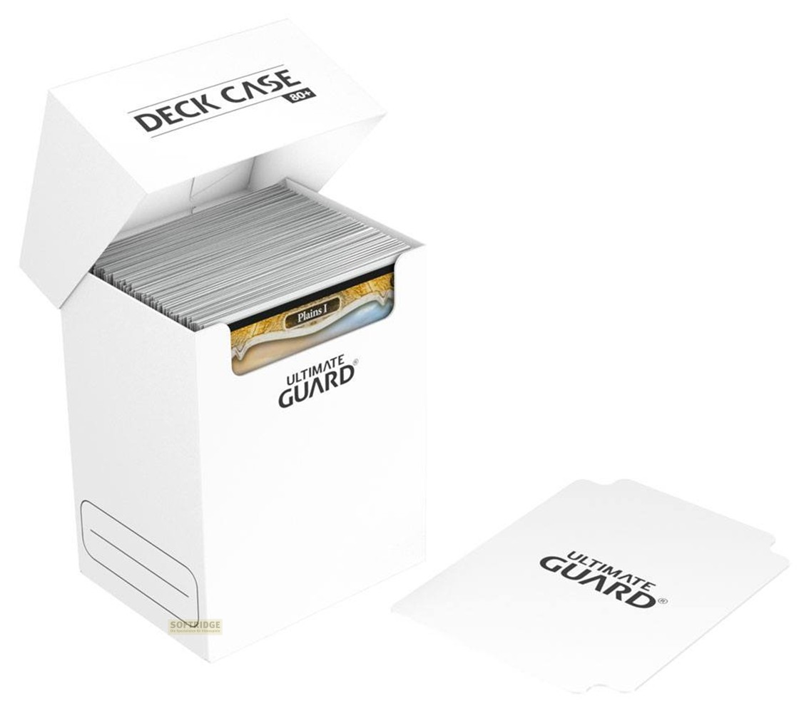 Une boîte de jeu Ultimate Guard blanche remplie de cartes, avec un intercalaire à côté.