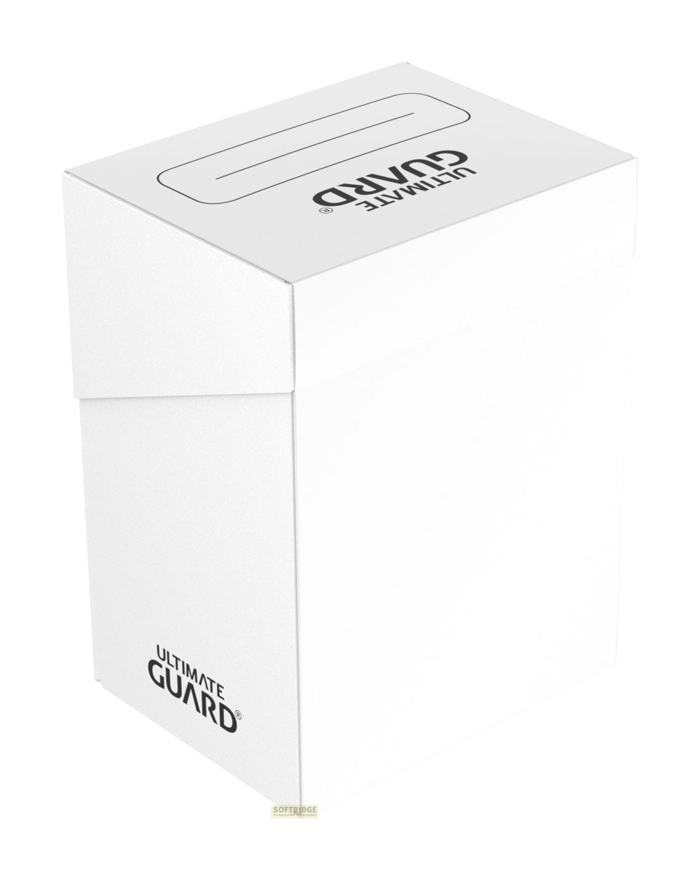 Une boîte en carton blanc Ultimate Guard avec un logo noir sur fond blanc.
