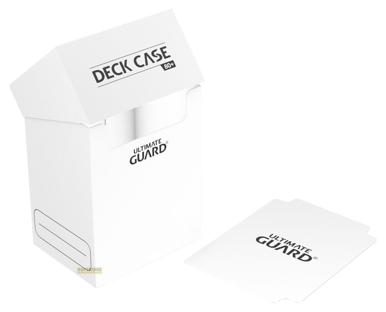 Boîte de deck blanche Ultimate Guard 80+ avec couvercle ouvert et séparateur sur fond blanc.