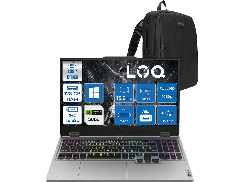 LENOVO LOQ DDR5 8 GB /RTX5060/100 W 83JE01CXTRP54 Intel Core i7 13645HX 128 GB RAM 2 TB SSD 15,6 inç FreeDOS Laptop+Çanta Luna Grey