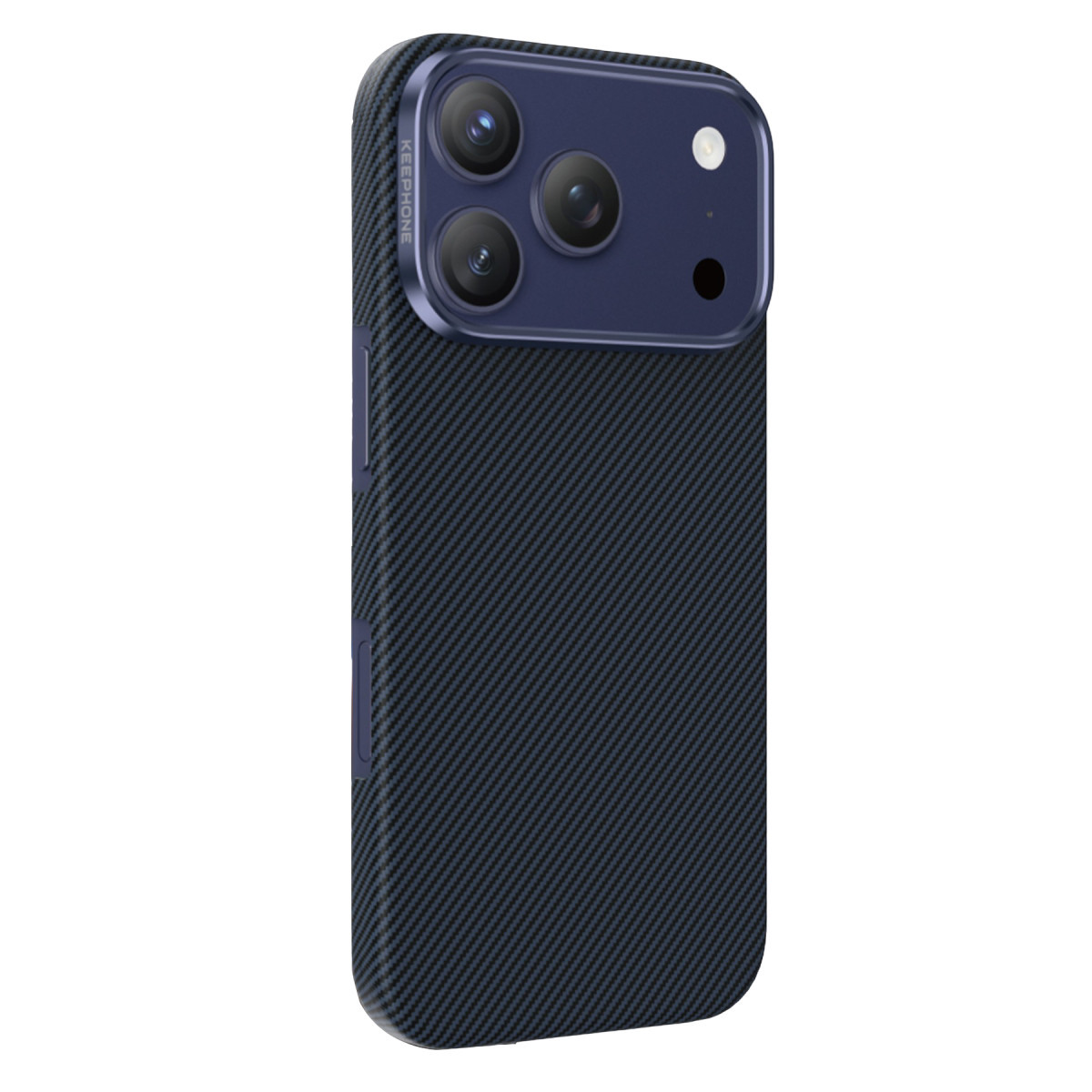 Karbon fiber dokulu ve üçlü kamera modüllü mavi akıllı telefon kılıfı.