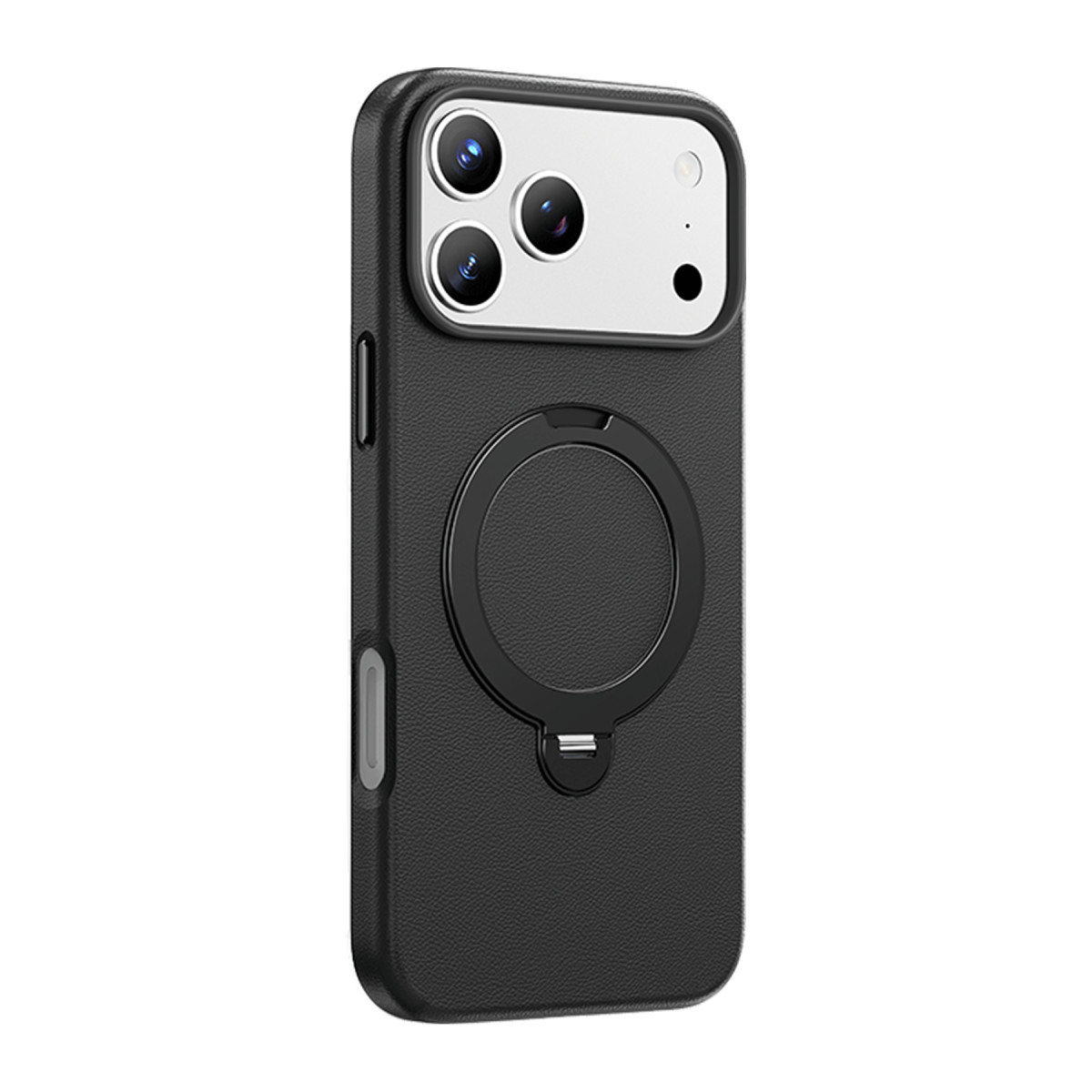 Arkasında dairesel metal halka standı ve üç kamera lensi olan siyah bir akıllı telefon kılıfı.