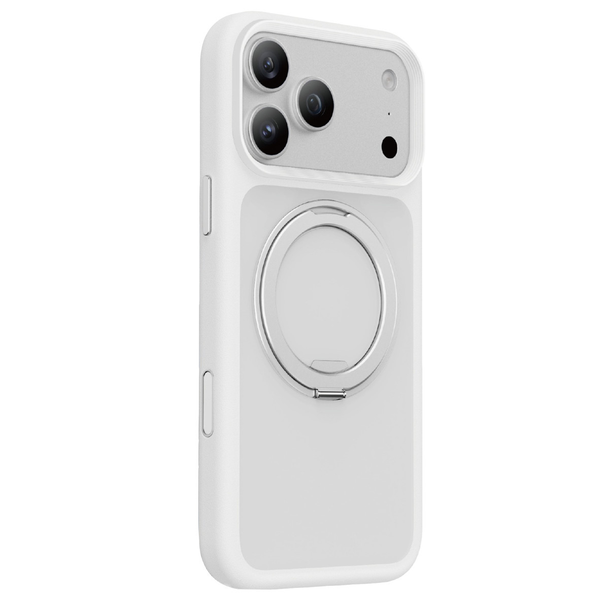 Arkada üçlü kamera ve entegre MagSafe halkalı koruyucu kılıf içinde beyaz bir akıllı telefon.