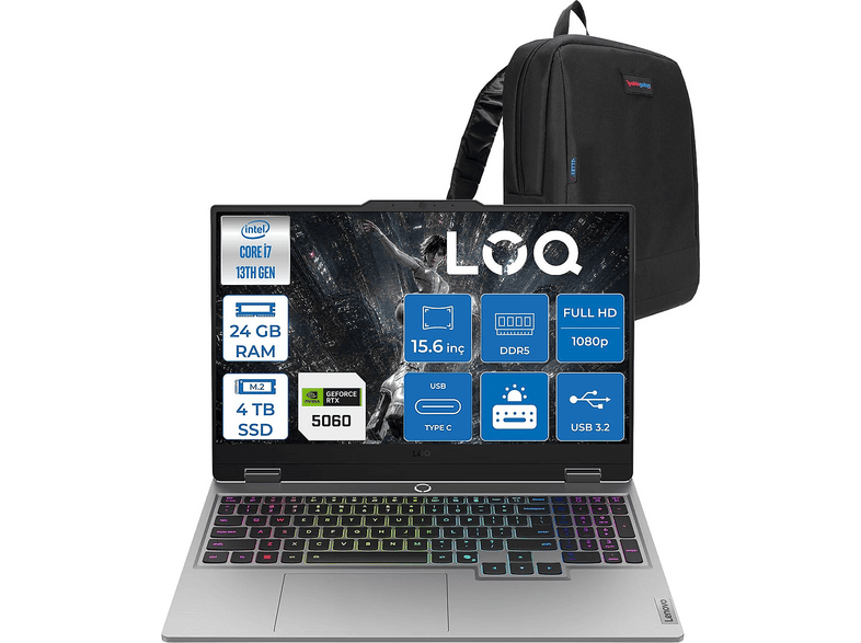 LENOVO LOQ DDR5 8 GB /RTX5060/100 W 83JE01CXTRF07 Intel Core i7 13645HX 24 GB RAM 4 TB SSD 15,6 inç FreeDOS Laptop+Çanta Luna Grey