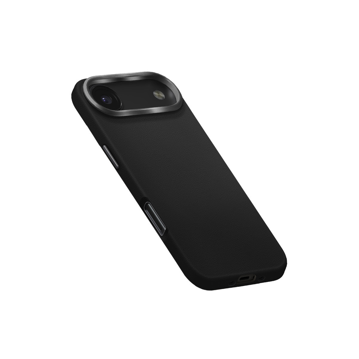 Üst kısmında yükseltilmiş kamera modülü olan siyah akıllı telefon kılıfı, beyaz arka planda.