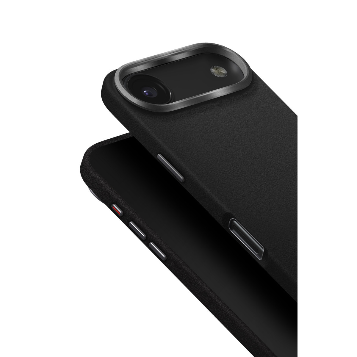 Kamera modülünde ve yan tuşlarda gümüş detaylar olan iki siyah akıllı telefon kılıfı.