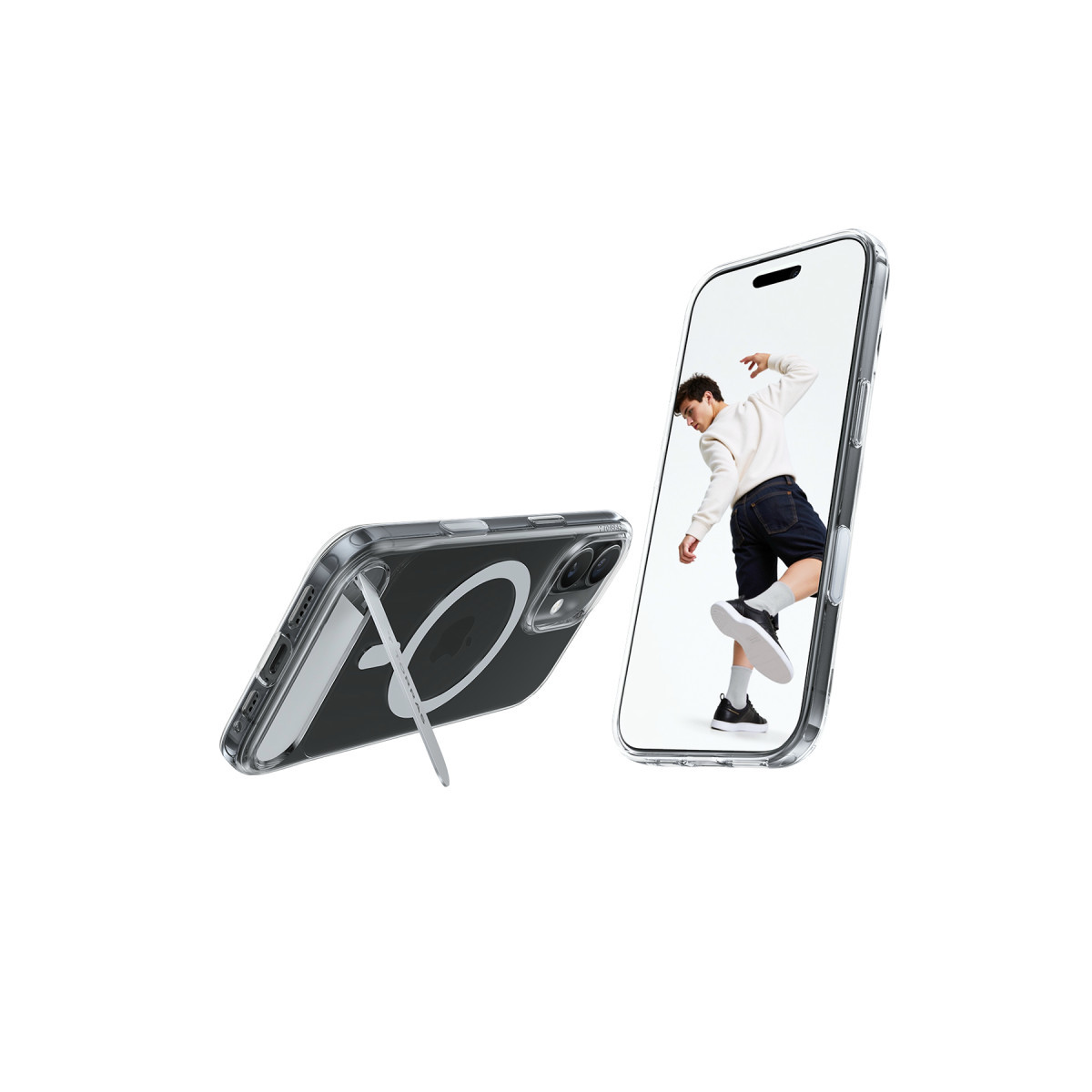 Şeffaf kılıflı iki akıllı telefon, biri dik diğeri entegre ayaklı ve açılı.