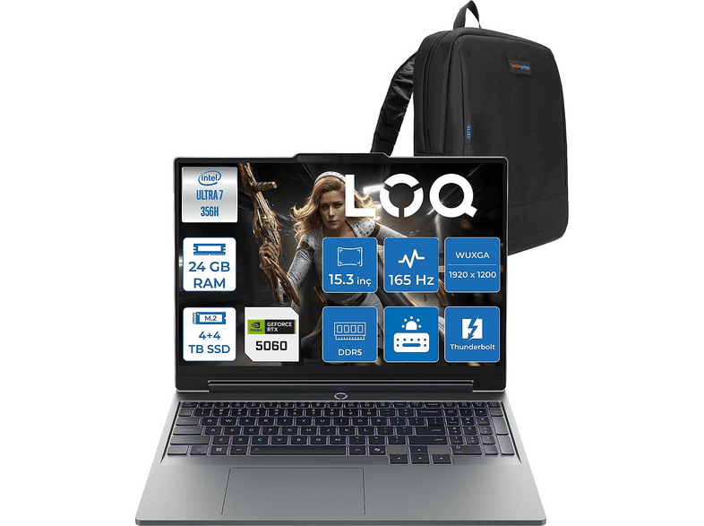 LENOVO LOQ DDR5 8 GB /RTX5060 W83SL001PTRF08 Intel Core Ultra 7 356H 24 GB RAM 4 TB SSD 15,3 inç FreeDOS Laptop+Çanta Luna Grey