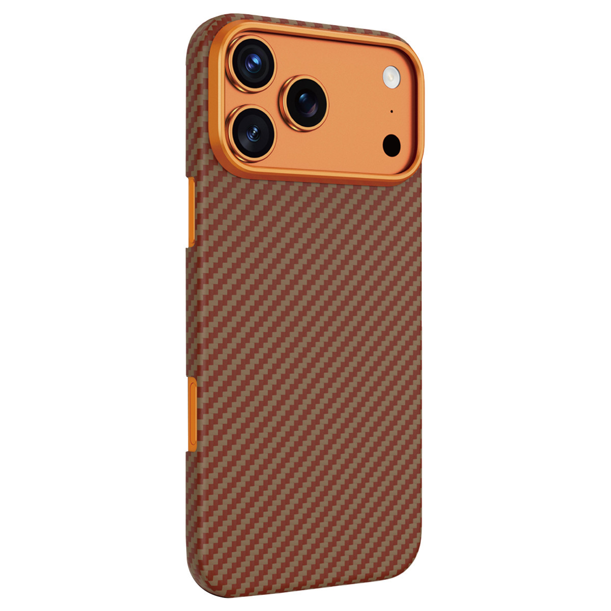Kahverengi karbon fiber desenli ve üç lensli turuncu kamera modüllü akıllı telefon kılıfı.