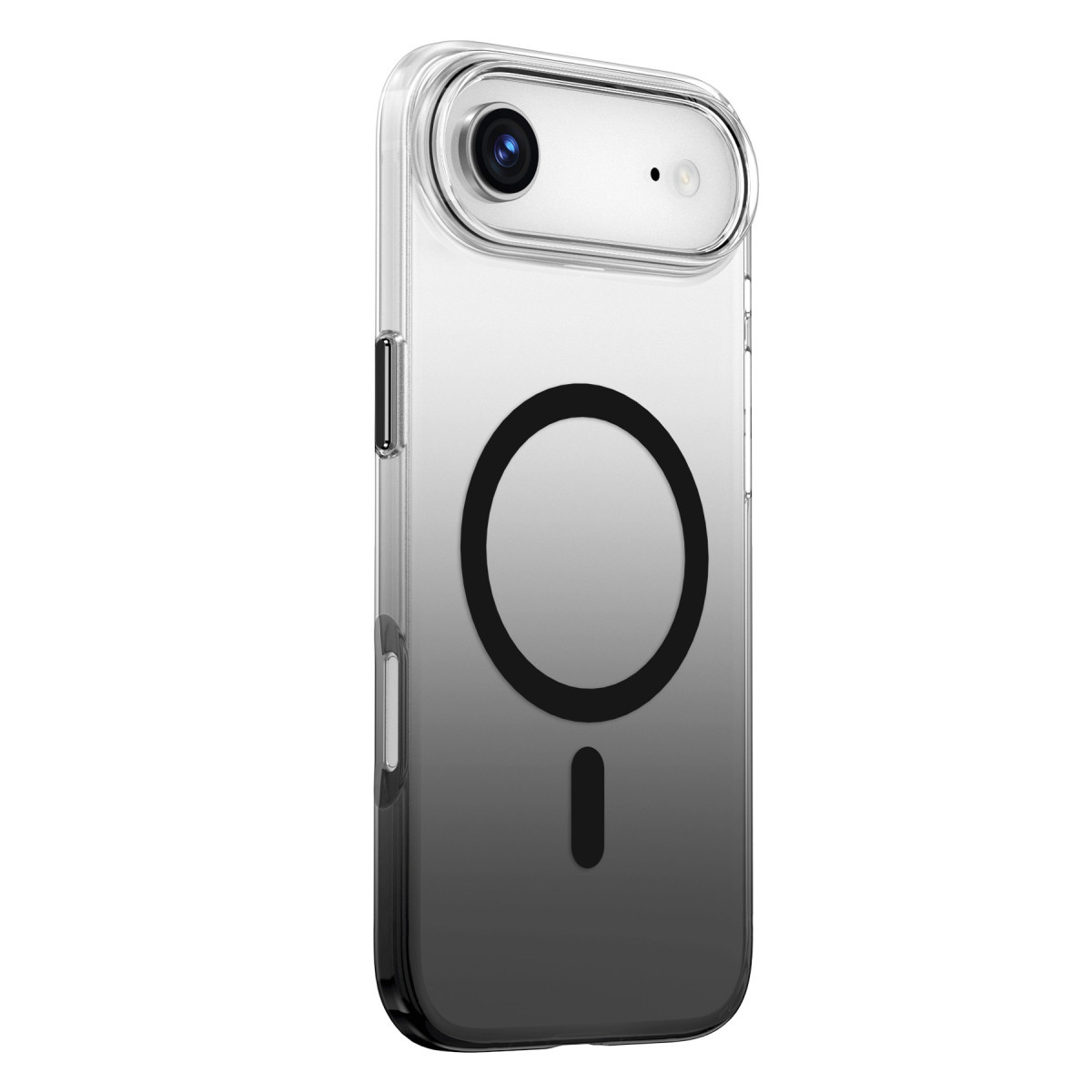 Beyaz arka planda siyah MagSafe halkalı ve kamera kesikli şeffaf telefon kılıfı.