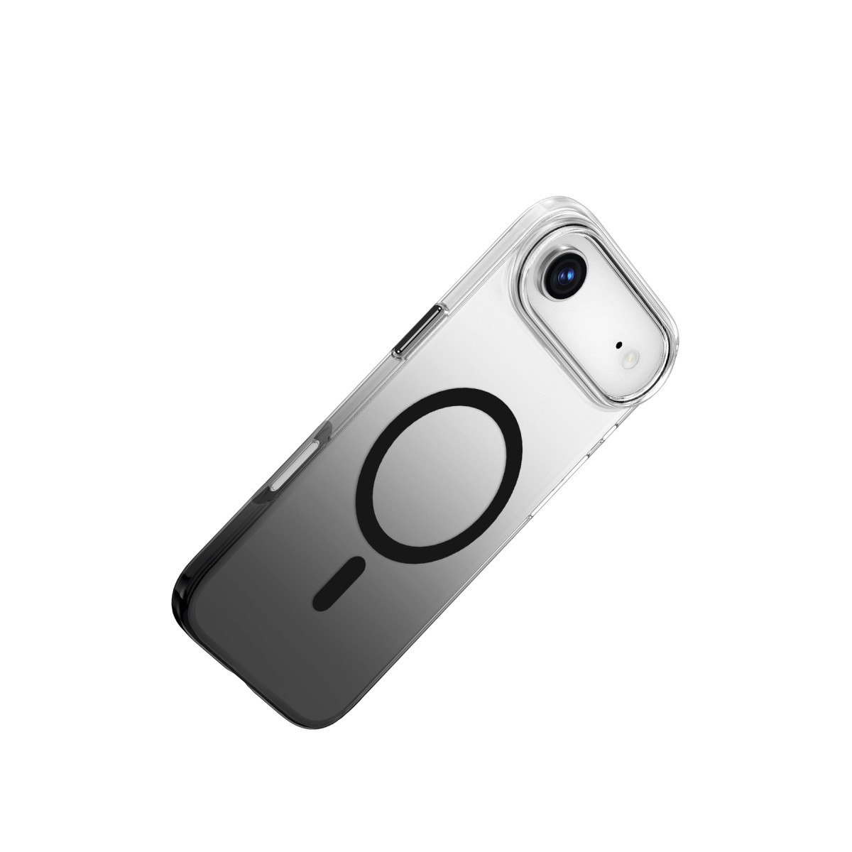 Beyaz arka planda siyah MagSafe halkası ve kamera kesiti olan şeffaf telefon kılıfı.