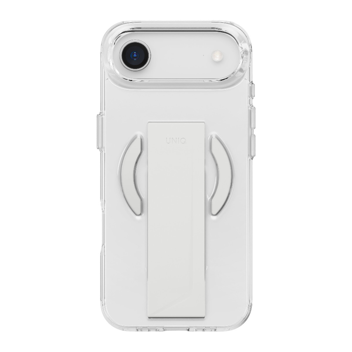 Beyaz arka plana karşı entegre beyaz standa ve kamera kesiğine sahip şeffaf telefon kılıfı.