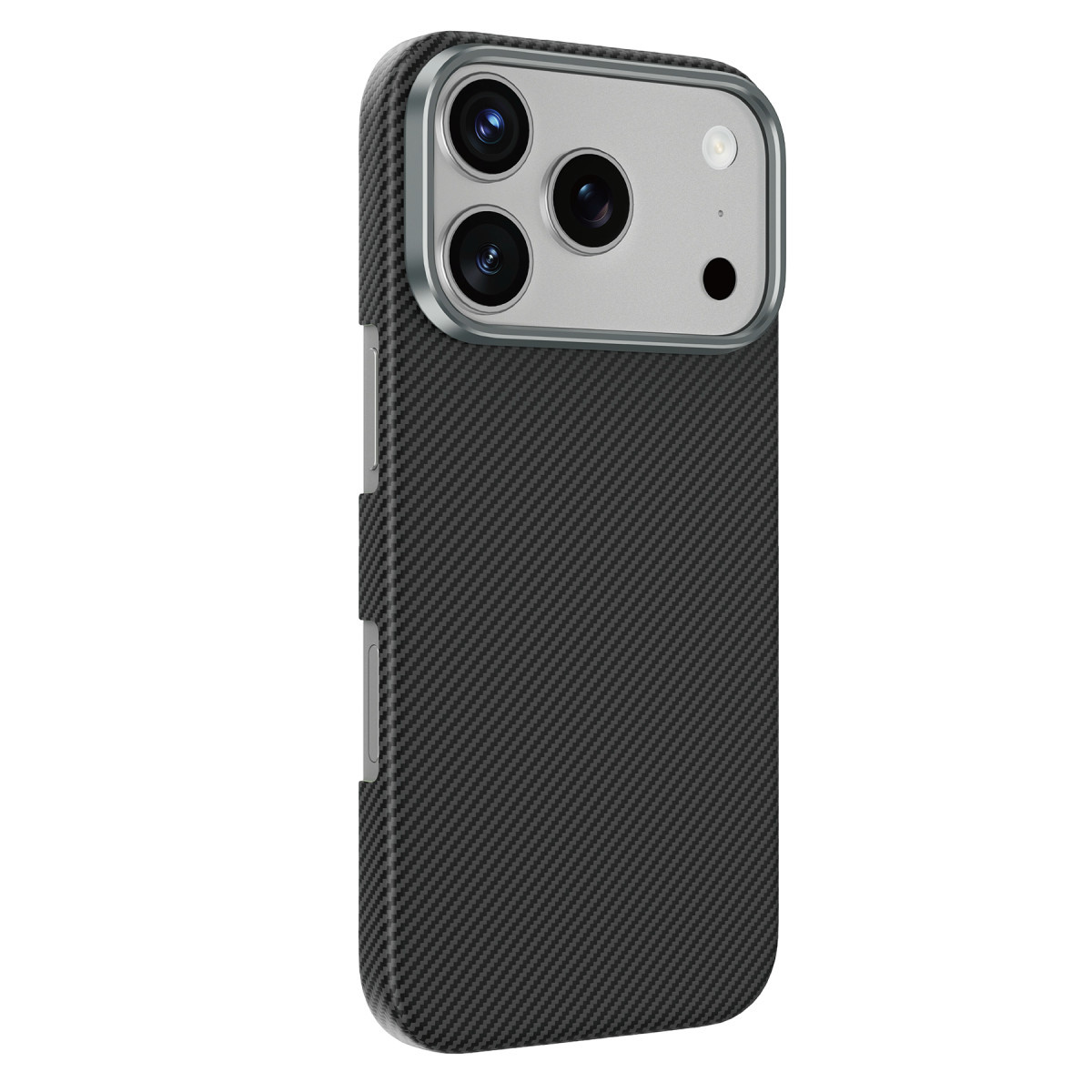 Arkada gümüş renkli kamera adacığına ve üç merceğe sahip siyah karbon fiber telefon kılıfı.