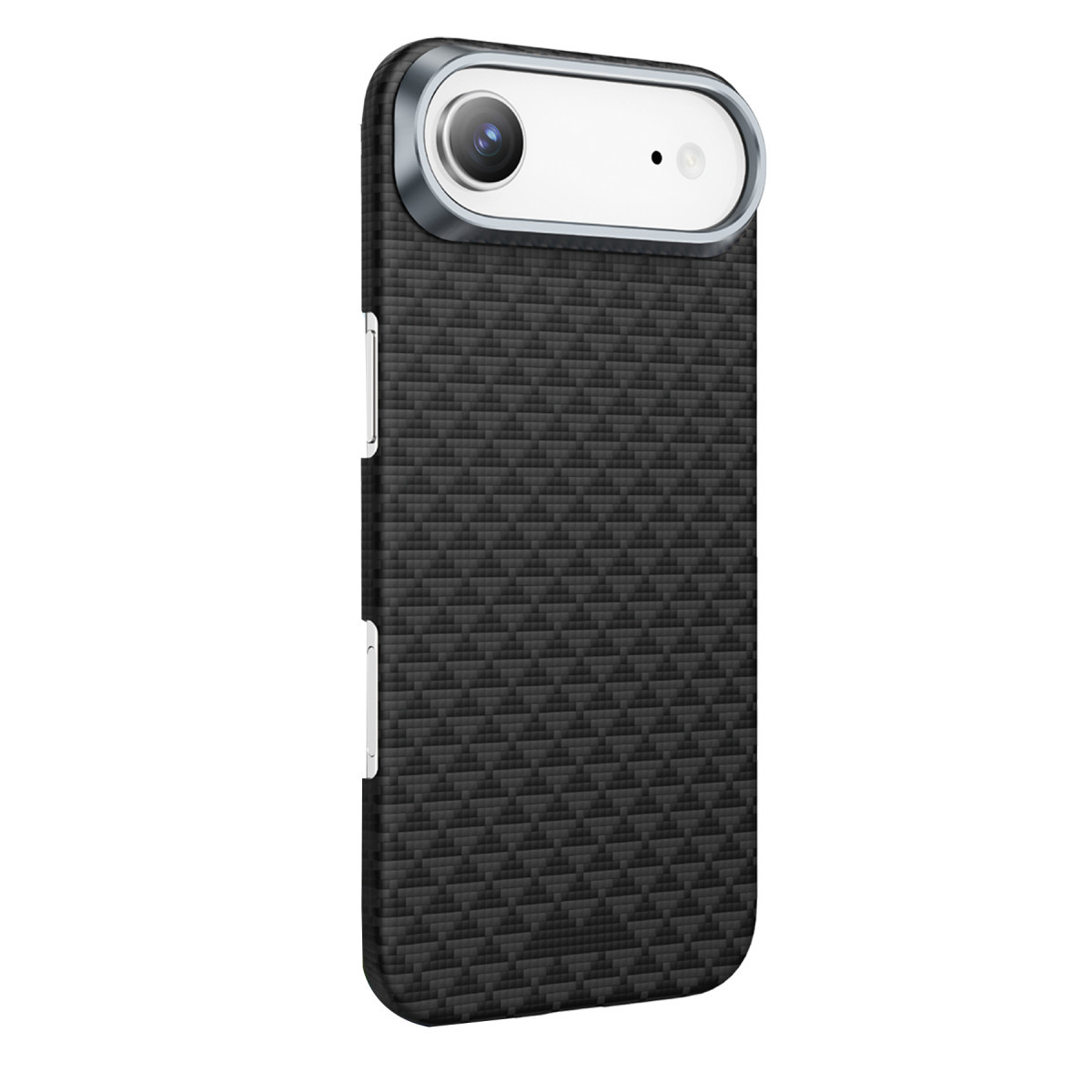 Karbon fiber dokulu ve gümüş renkli kamera modüllü siyah bir akıllı telefonun arkası.
