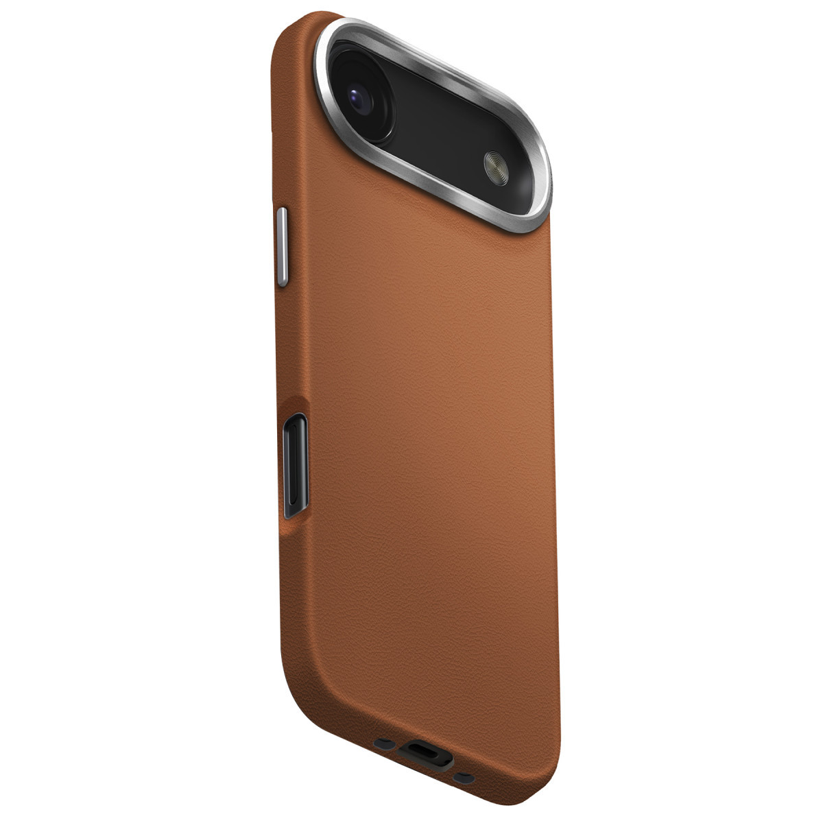 Üst kısmında oval kamera modülü ve yan portlar bulunan kahverengi deri akıllı telefon kılıfı.